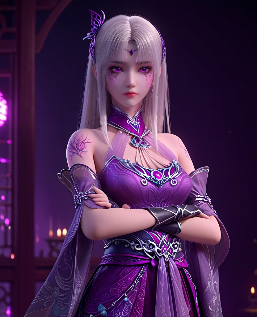 (oriental architecture, elegant decor, sophisticated style:1.1),(crossed arms:1.1),(breasts:1.2),<lora:XL斗破苍穹小医仙P:0.85>,elder sister,purple dress,white hair,(purple eyes:1.1),bangs,hair ornament,bare shoulders,purple veil,jewelry,fingerless gloves,sash,(facial tattoo:1.2),(cracked skin:1.2),, score_9,score_8_up,score_7_up,score_6_up,score_5_up,score_4_up,3d rendering,tag1,tag2, Cinematic Lighting,backlighting,