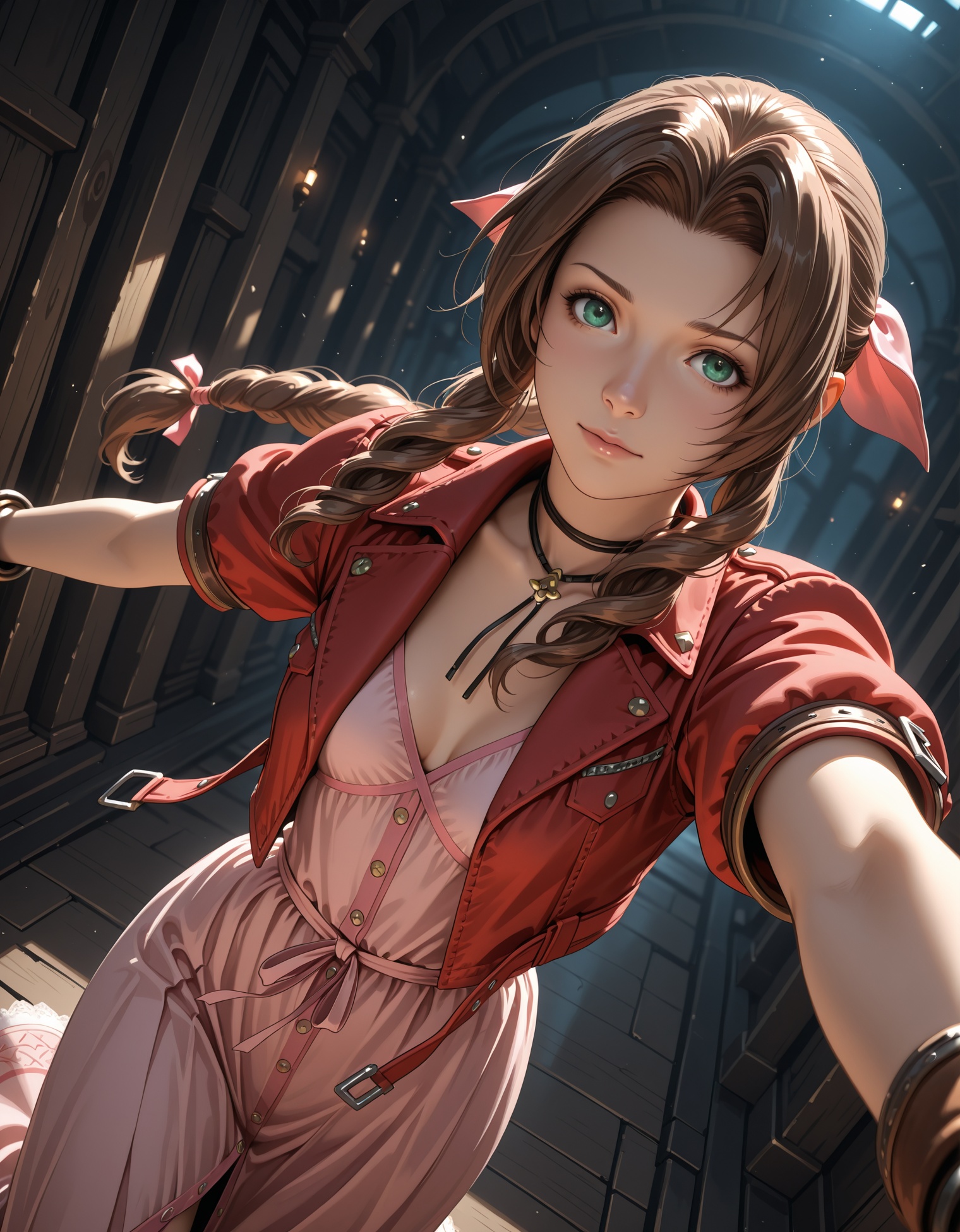 Hello,(absurdres,best quality,very aesthetic,The work of a divine artist,Sharpness,detailed eyes,ANIME,2.5D,Dynamic Angle,),1 girl,(Aerith Gainsborough,/Final Fantasy **,/),
