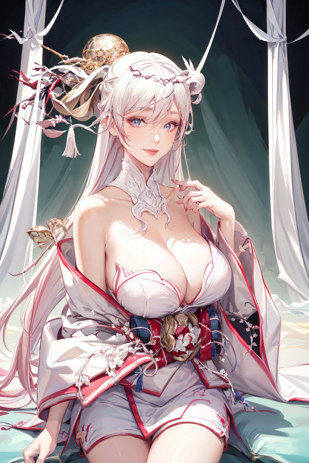 (|masterpiece)), (((best quality))), ((ultra-detailed)), (highly detailed), extremely detail description, ultra-fine painting, ((illustration)), professional, vivid colors, highres, sharp focus, cowboy shot, front view, straight-on, fcPortrait, nsfwEM, 1girl, solo, mature female, milf, slut, looking at viewer, smile, seductive smile, sexy pose, Long hair, pink hair, blue eyes, cleavage, wide sleeves,, beautiful detailed eyes, lips, makeup, bare shoulders, collarbone, breasts, cleavage, sagging breasts, huge breasts, large breasts, long breasts, big breasts, japanese clothes, kimono, wide sleeves, ribbon, obi, obijime,perfect female body, neat figure, hourglass body shape, slender waist, narrow waist, wide hips<lora:EMS-93-EMS:0.500000>, <lora:EMS-339596-EMS:0.800000>