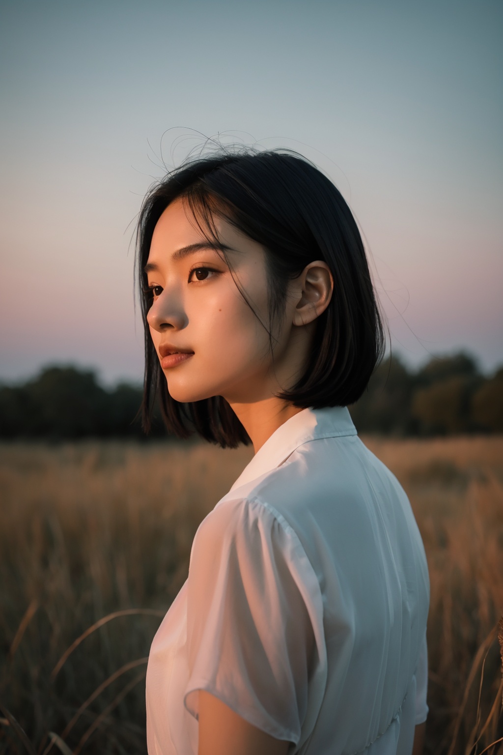 1girl,Camera film style,asians,  a young woman with short, straight black hair, gazing into the distance against a backdrop of a setting or rising sun. The sky is painted with hues of orange and blue, with scattered clouds. The woman is dressed in a dark-colored blouse, and the overall mood of the image is serene and introspective, masterpiece,best quality,