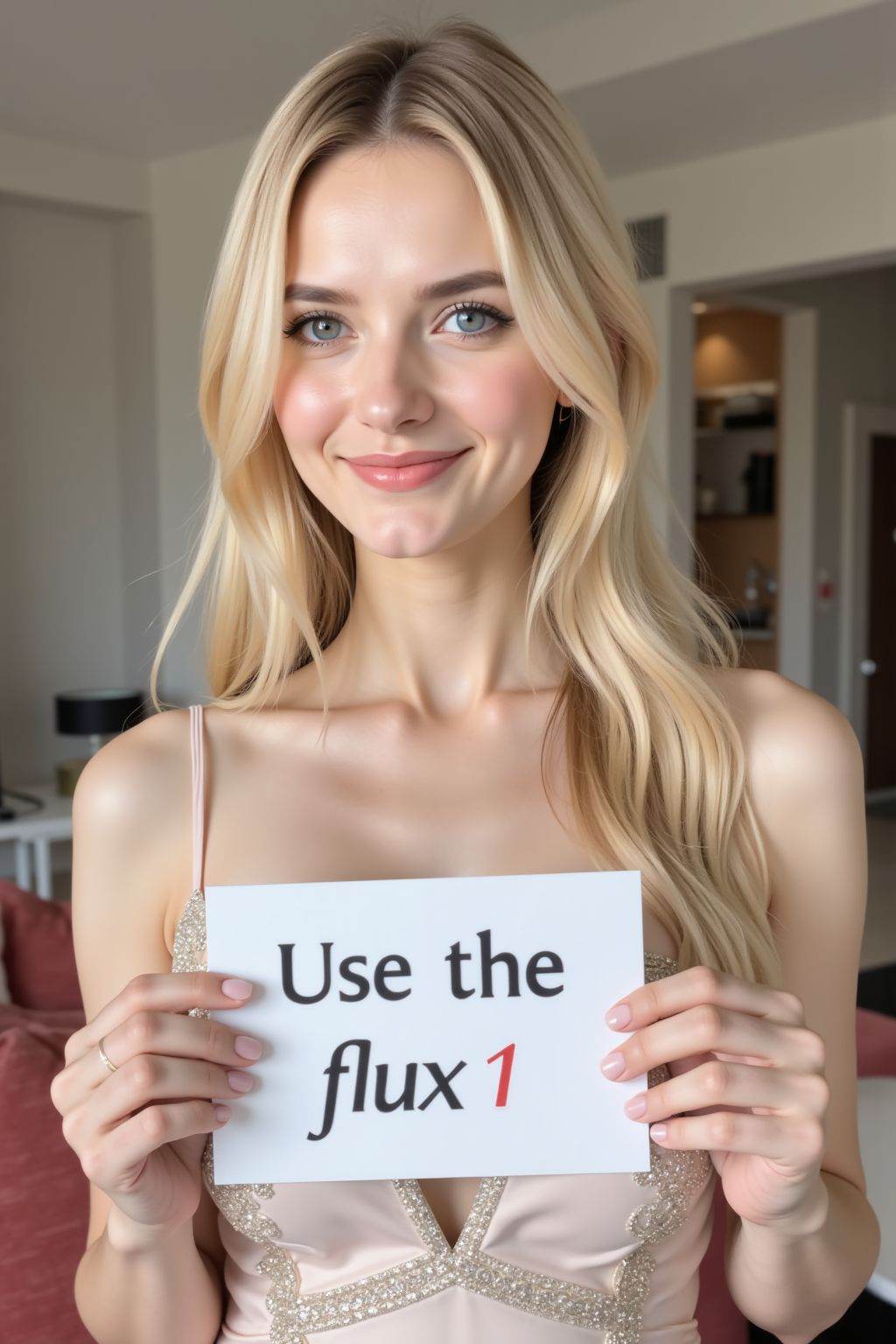 instagram photo, closeup face photo of 20 y.o, blue eyes, pale skin, smirk, blonde long straight hair, elegant dress, holding a sign with text "Use the flux1",