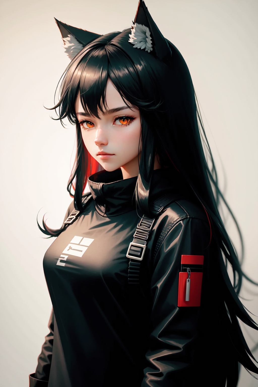 texas_(arknights),wolf_girl,simple_background,animal_ear_fluff,long_sleeves,closed_mouth,1girl,solo,looking_at_viewer<lora:texas_(arknights):1>,simple background,white backgroundmasterpiece,best quality, highly detailed, 