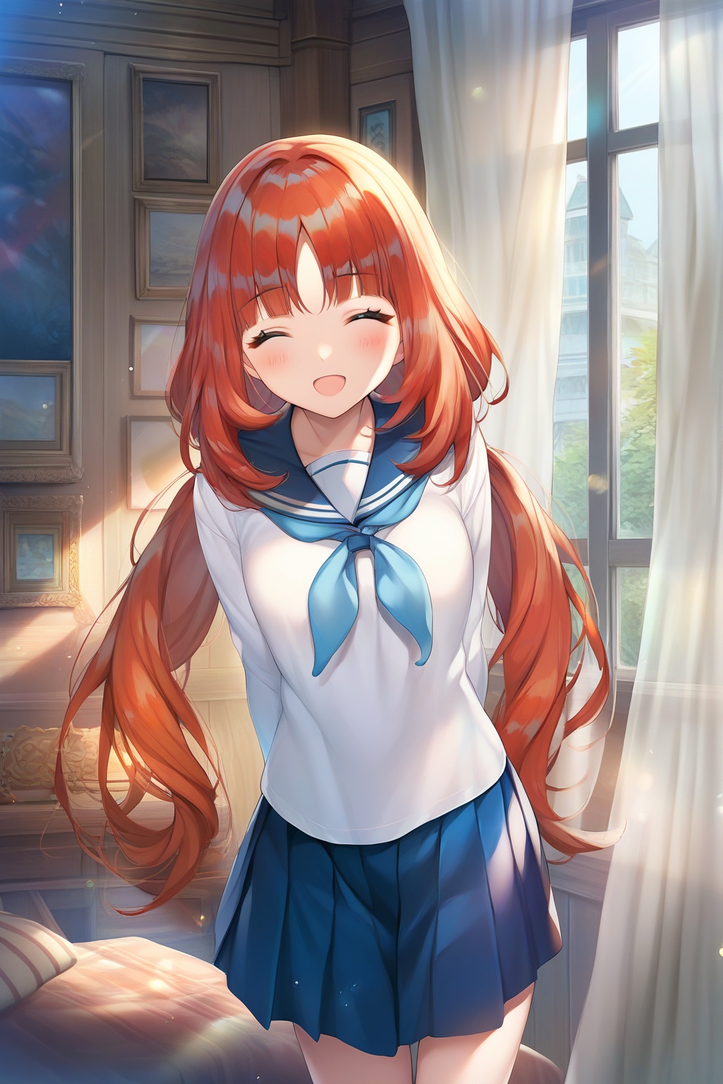 score_9,score_8_up,score_7_up,score_6_up,score_5_up,score_4_up,source_anime,source_cartoon,<lora:nilouLIponyXL-000001:0.8>,nilou \(genshin impact\), 1girl, school uniform, closed eyes, skirt, solo, serafuku, smile, sailor collar, long hair, blue skirt, bangs, blue sailor collar, red hair, pleated skirt, open mouth, neckerchief, blue neckerchief, twintails, arms behind back, facing viewer, window, long sleeves, curtains, twintails, shirt, ^_^, blush, parted bangs, white shirt, indoors, breasts