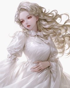 (best quality), ((masterpiece)), (highres), illustration, original, extremely detailed, <lora:美の欲:0.7>1girl, solo, long hair, dress, red eyes, white dress, white background, simple background, long sleeves, white theme, white hair, parted lips, bow, white bow, puffy sleeves, hand on own stomach, eyelashes, lips, floating hair, white bowtie, signature
