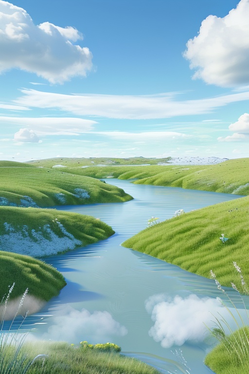 pd_3dcaodi, spring, nature, river, bridge, no humans, landscape, outdoor, blue sky, white clouds, prairie, water, rich details,<lora:PD_3Dcaodi_V1-000014:0.7>,