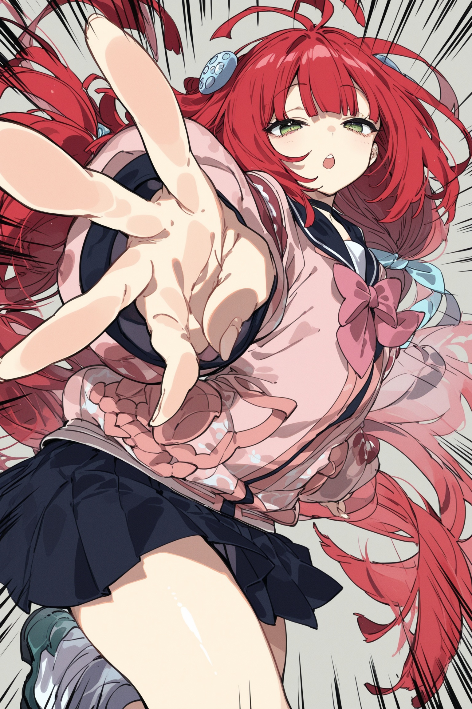 masterpiece,best quality,(by ushiki_yoshitaka:1),1girl,solo,ukinami yuzuha,foreshortening,dynamic pose,emphasis lines,reach out,hand,