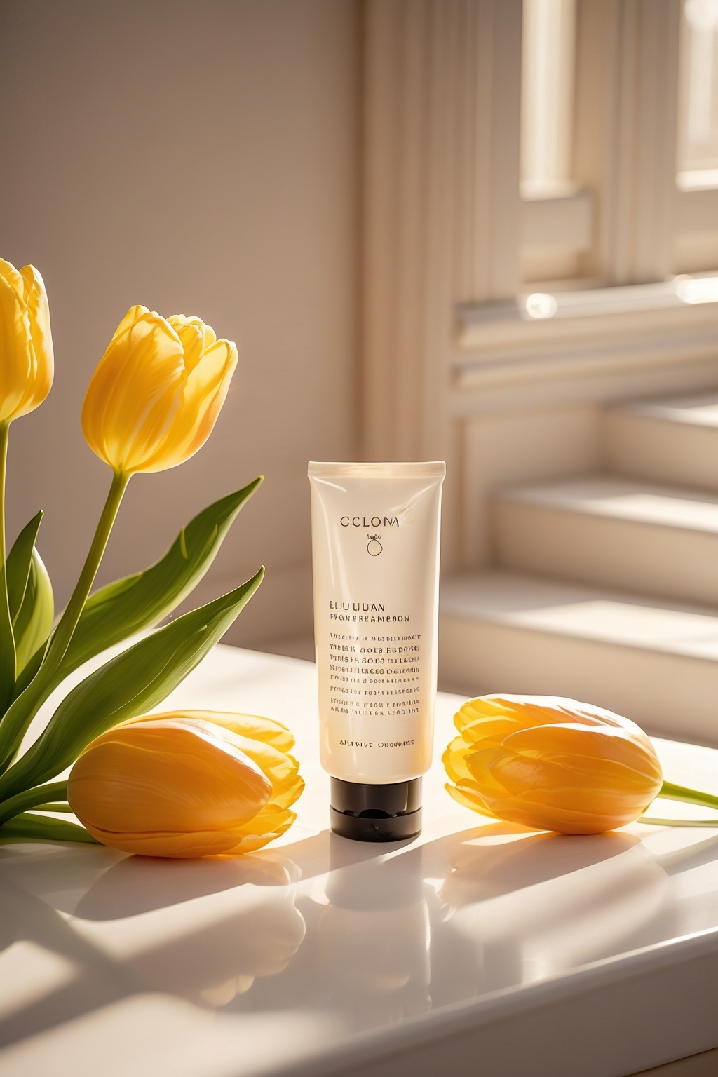No people,tulips,yellow flowers,still life,blur,indoor,blurred background,depth of field,shadow,light particles,sunlight,hand cream,