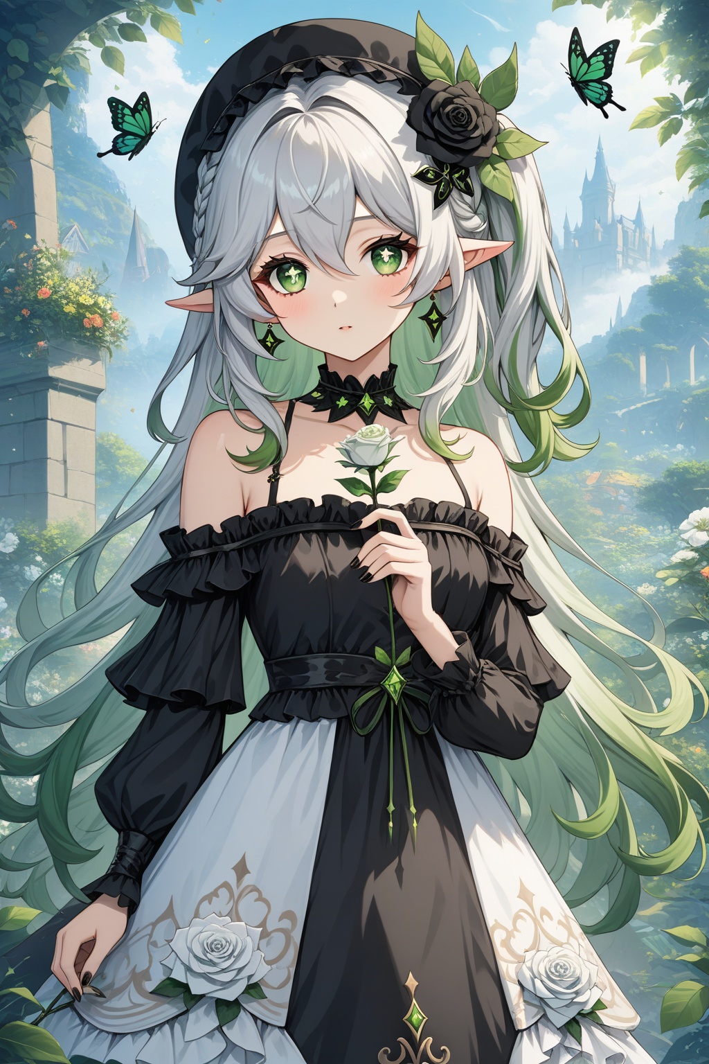(masterpiece),(best quality),illustration,ultra detailed,hdr,Depth of field,(colorful),1girl,black flower,black rose,rose,nahida (genshin impact),solo,green eyes,flower,pointy ears,butterfly,side ponytail,holding,bug,black nails,dress,holding flower,white hair,looking at viewer,long hair,jewelry,hair ornament,alternate costume,hair between eyes,green hair,symbol-shaped pupils,frills,black dress,choker,hairband,green nails,nail polish,black choker,bare shoulders,upper body,collarbone,multicolored hair,off shoulder,earrings,off-shoulder dress,lolita fashion,covered mouth,white rose,green flower,gem,long sleeves,black headwear,cross-shaped pupils,