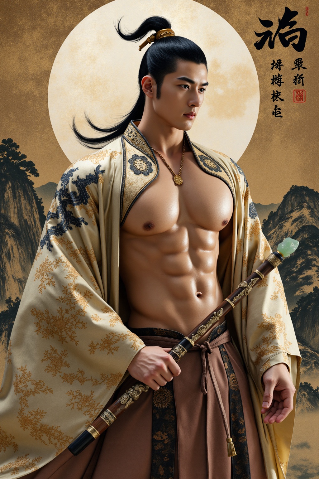 asain man,A muscular martial artist swathed in brocade with cloud-**** patterns,his sleeves fluttering **** splashed ink landscapes. A jade-inlaid bamboo flute hangs from his waist,and behind him unfolds a hundred-meter-long scroll of splashed-color mountain and river paintings. The interweaving of cold moonlight and the shimmering golden strokes within the scroll unfolds a chivalrous legend spanning the martial world...jzns,wak,double-exposure,