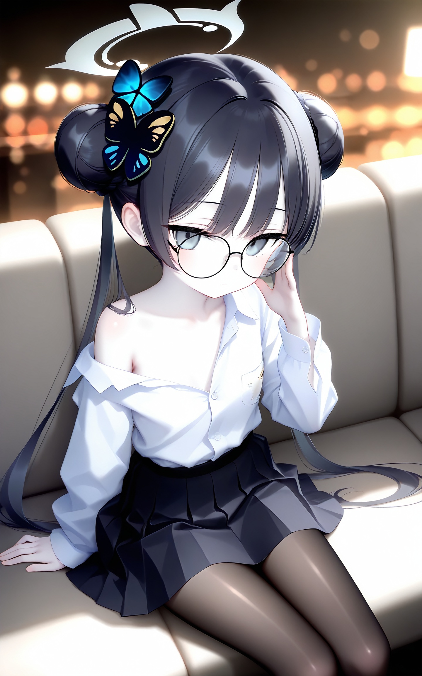 masterpiece,best quality,high quality,white_skin,pale_skin,fair_skin,1girl,solo,butterfly hair ornament,halo,double bun,kisaki (blue archive),hair bun,skirt,black hair,glasses,shirt,hair ornament,white shirt,long hair,twintails,round eyewear,looking at viewer,pantyhose,black skirt,long sleeves,alternate costume,sitting,bespectacled,pleated skirt,closed mouth,single bare shoulder,off shoulder,shirt tucked in,grey eyes,grey halo,black pantyhose,collarbone,black-framed eyewear,couch,collared shirt,blue eyes,arm support,white halo,very long hair,on couch,official art,depth of field,high contrast,colorful,detailed light,light leaks,beautiful detailed glow,best shadow,shiny skin,cinematic lighting,ray tracing,best quality,amazing quality,very aesthetic,absurdres,beast quality,masterpiece,ultra detailed,newest,8K,HDR,