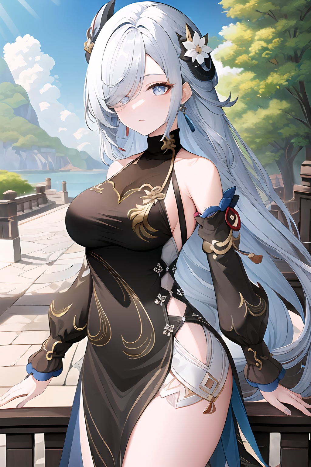 (masterpiece, best quality:1.2),insanely detailed,absurdres,ultra-highres,ultra-detailed,best quality,slender,kawaii,perfect symmetrical face,ultra cute girl,ultra cute face,ultra detailed eyes,ultra cute,ultra beautifu,<lora:shenheh-000001:1>,shenhe\(frostflower dew\),shenhe \(genshin impact\),1girl,solo,long hair,hair over one eye,chinese clothes,backless dress,detached sleeves,grey hair,breasts,alternate costume,bare shoulders,china dress,nail polish,bare legs,headwear,outdoors,multicolored eyes,standing,