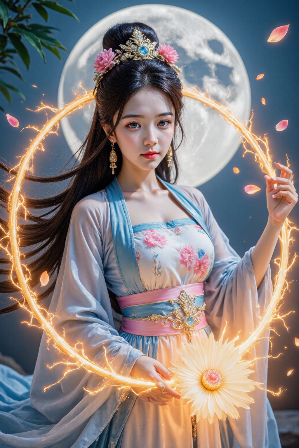 HDR photo of cinematic film still 1girl,solo,upper body,blue and white and pink chinese dress,black hair,electricity,fire,flower,petal,flowing hair,gem,neatly circled around the girl in a single direction,fire,flowing hair,burning,wrapped in flames,girl solo,abstract,blue sky,flying green leaves,full moon, shallow depth of field, vignette, highly detailed, high budget, bokeh, cinemascope, moody, epic, gorgeous, film grain, grainy . High dynamic range, vivid, rich details, clear shadows and highlights, realistic, intense, enhanced contrast, highly detailed,