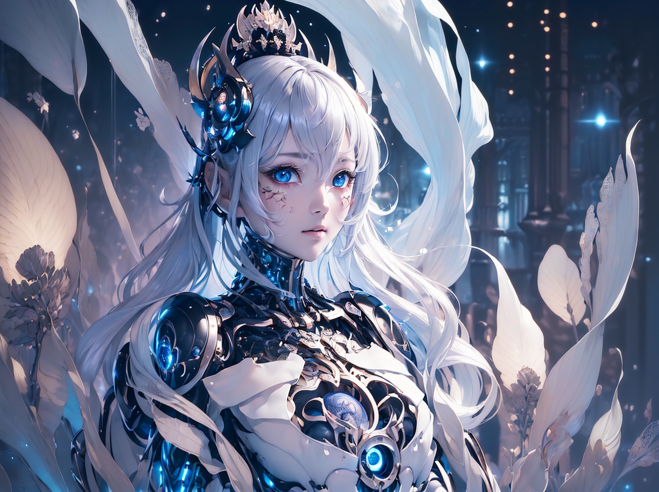(((masterpiece, best quality, illustration, finely detail))),((extremely detailed cg unity 8k wallpaper, highres)),(beautiful detailed face and eyes and hair:1.1),(an extremely delicate and beautiful girl:1.2),amazing,1 girl,solo,(mecha),(black:1.5),<lora:不是青花瓷第三代-但是机甲:0.5>,(Luminescent particle:1.5),,high saturation,low brightness,