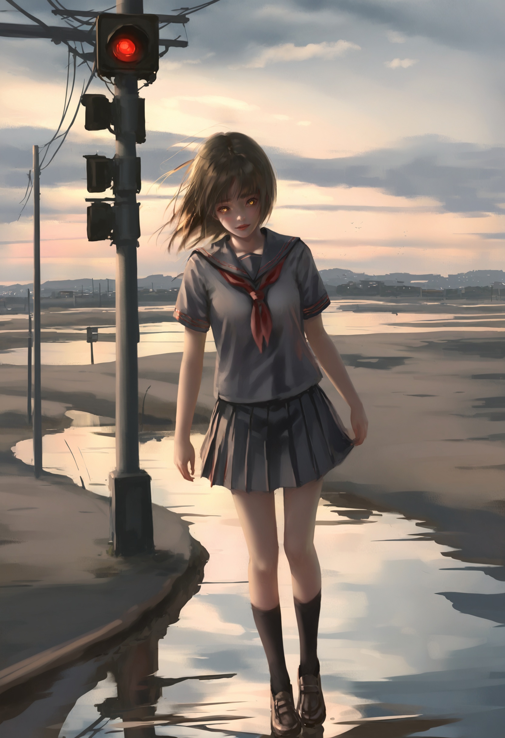 masterpiece, best quality,1girl,   realistic, solo, Skirt, yandere, sky, day, scenery, cloud, beach, water, railroad signal, yellow eyes, blue sky, school uniform, serafuku, reflection <lora:wlopXLlokr4f-000187:0.95>