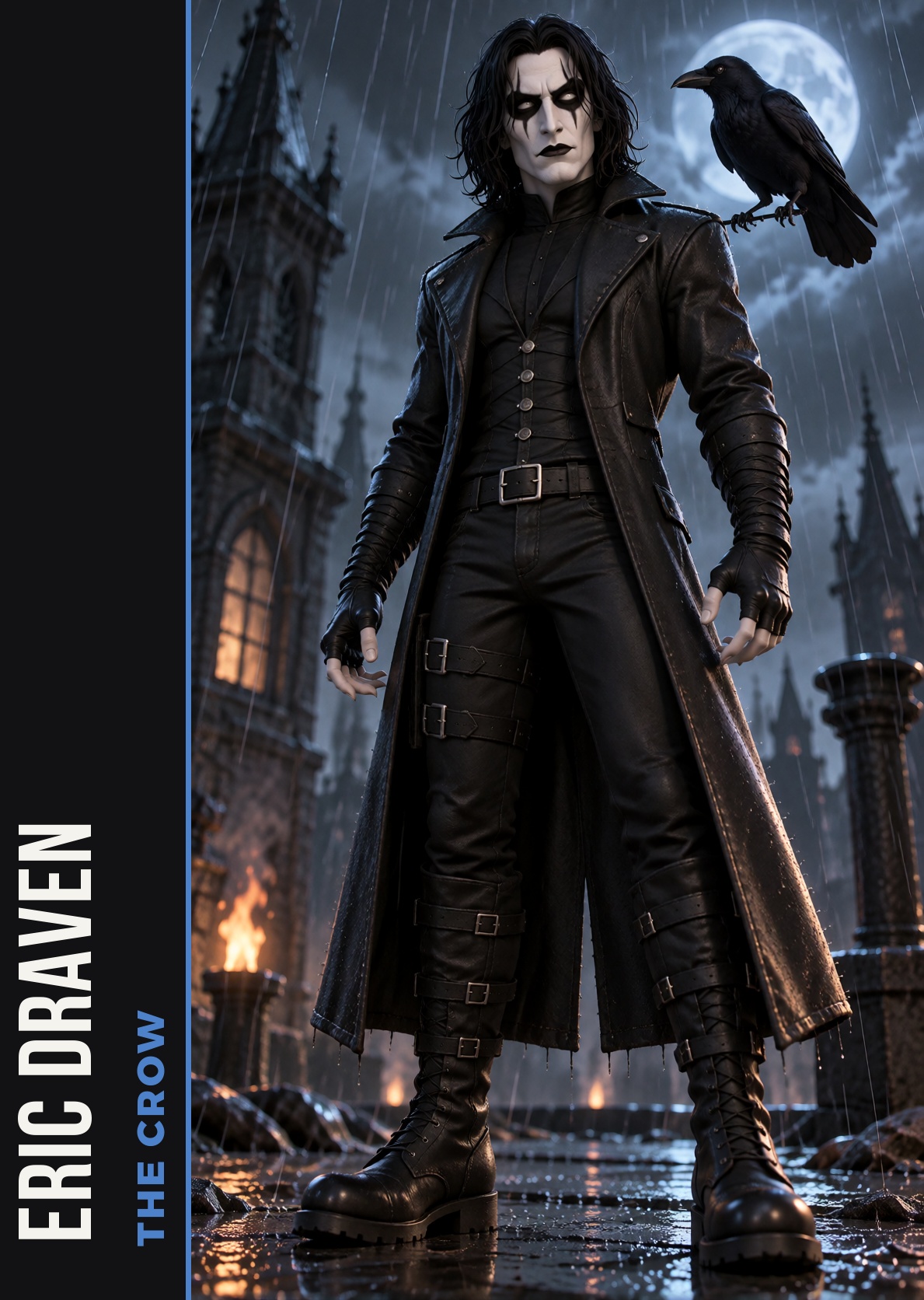 realfig,  The Crow with white face paint,  black eyes and a long leather coat on Tensor.Art