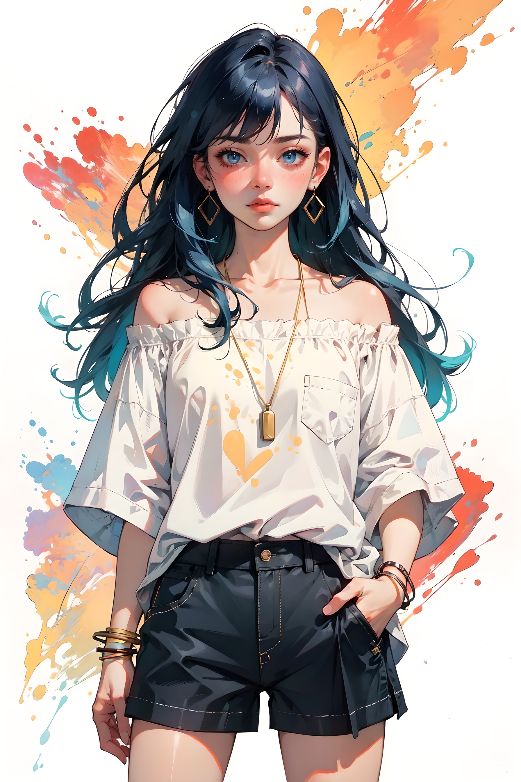 (best quality), ((masterpiece)), (highres), illustration, original, extremely detailed, 1girl, solo, blue hair, jewelry, shorts, white background, blue eyes, looking at viewer, earrings, bare shoulders, simple background, shirt, collarbone, long hair, off shoulder, off-shoulder shirt, bracelet, hand in pocket, bangs,  red shirt, cowboy shot, signature, blush, black shorts,   twitter username, necklace