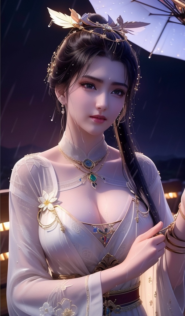 <lora:638-DA-暗河传-白鹤淮-妇人:0.8>(,1girl, ,best quality, ),looking at viewer, ,ultra detailed 8k cg, ultra detailed background,  ultra realistic 8k cg,          cinematic lighting, cinematic bloom, (( , )),,  , unreal, science fiction,  luxury, jewelry, diamond, pearl, gem, sapphire, ruby, emerald, intricate detail, delicate pattern, charming, alluring, seductive, erotic, enchanting, hair ornament, necklace, earrings, bracelet, armlet,halo,masterpiece, (( , )),,  ,cherry blossoms,(((, night,night sky,,  ultra high res, (photorealistic:1.4), raw photo, 1girl, , rain, sweat, ,wet, )))(( , ))   (cleavage), (),