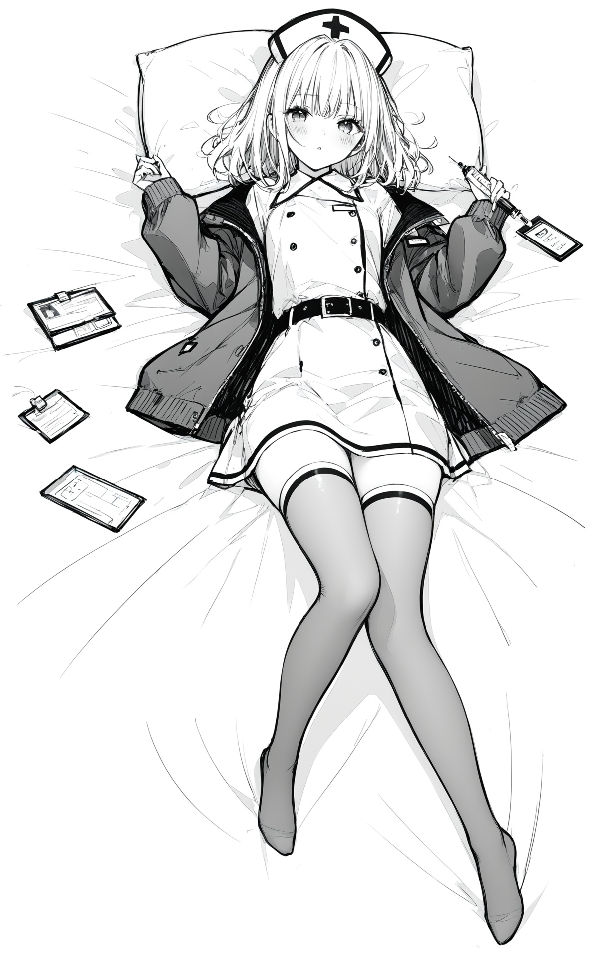 (masterpiece),(best quality),1girl,nurse cap,thighhighs,hat,nurse,monochrome,greyscale,jacket,looking at viewer,lying,on back,blush,pillow,belt,full body,medium hair,traditional media,open clothes,open jacket,sketch,off shoulder,dress,id card,syringe,bangs,no shoes,long sleeves,