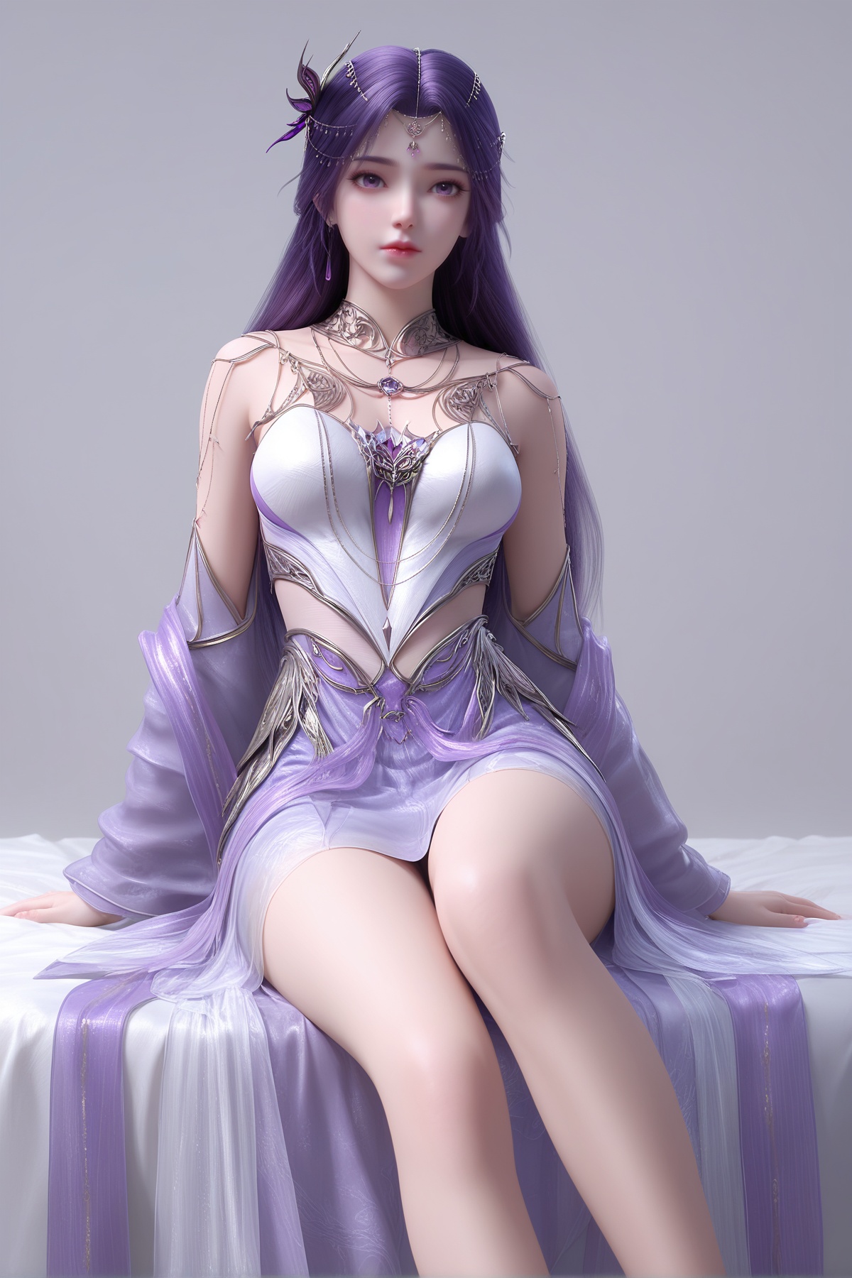 masterpiece,best quality,realistic,cinematic,detail eyes,(ultra-detailed),perfect composition,intricate details,absurdres,detailed face,high quality,high res,8K,<lora:X_yunxi_tms_IL3.0:0.8>,1girl,long hair,breast,medium breasts,hair_ornament,dress,purple hair,purple eyes,bare_legs,simple background,bed,sitting,