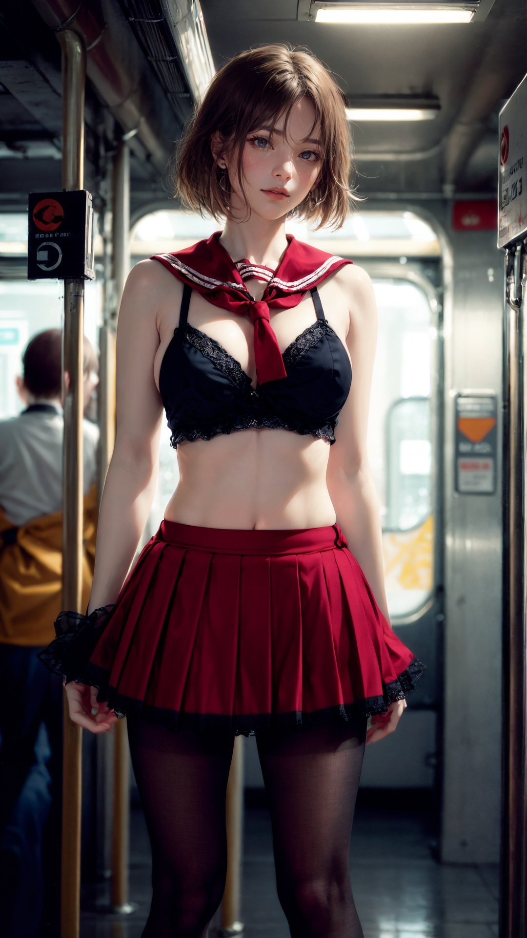 tutututu,red_skirt, school uniform, black_bra, underwear, lingerie, midriff, red_sailor_collar, high heels,(black pantyhose), photography, Alice Ingram, riding the subway, long auburn hair, a softened wry smile-subdued excited bliss, soft lighting on face, realistic skin-clothing-hair textures, carpeted fog sky blue eyes, Beautiful Real Textures & Delicate Aesthetics, Remarkable Homage to Silent Hill Energy by Psykhosis., noise, JPEG artifacts, poor lighting, low light, underexposed, high contrast, <lora:tutuZFV5_00004:0.8> 