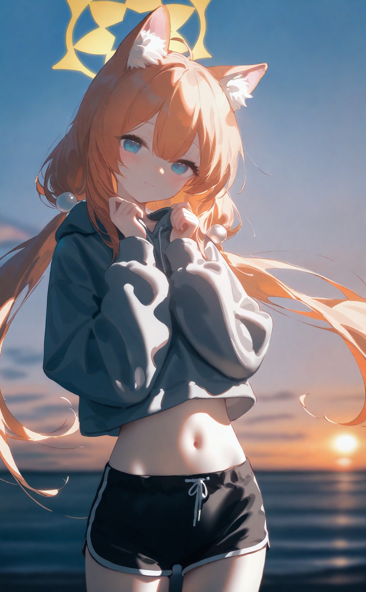 best, 1girl, yellow halo, mari (blue archive), halo, animal ears, solo, orange hair, hood, long hair, hoodie, navel, animal ear fluff, closed mouth, black shorts, alternate costume, looking at viewer, long sleeves, grey hoodie, hair between eyes, blue eyes, smile, cowboy shot, twintails, shorts, blush, white hoodie, ocean, cat ears, outdoors, hood down, cloud, hair ornament, ahoge, sunset, low twintails, sky, blurry, puffy long sleeves, midriff, hands up, blurry background, very long hair, aqua eyes, fox ears, beach, stomach, short shorts, floating hair, puffy sleeves, standing, swimsuit, hair bobbles, cropped hoodie, evening, head tilt, blue sky, horizon, mari (track) (blue archive), water, light smile, depth of field, bikini, twilight, cat girl, fox girl, green eyes, black bikini<lora:amei3-000040:0.9>