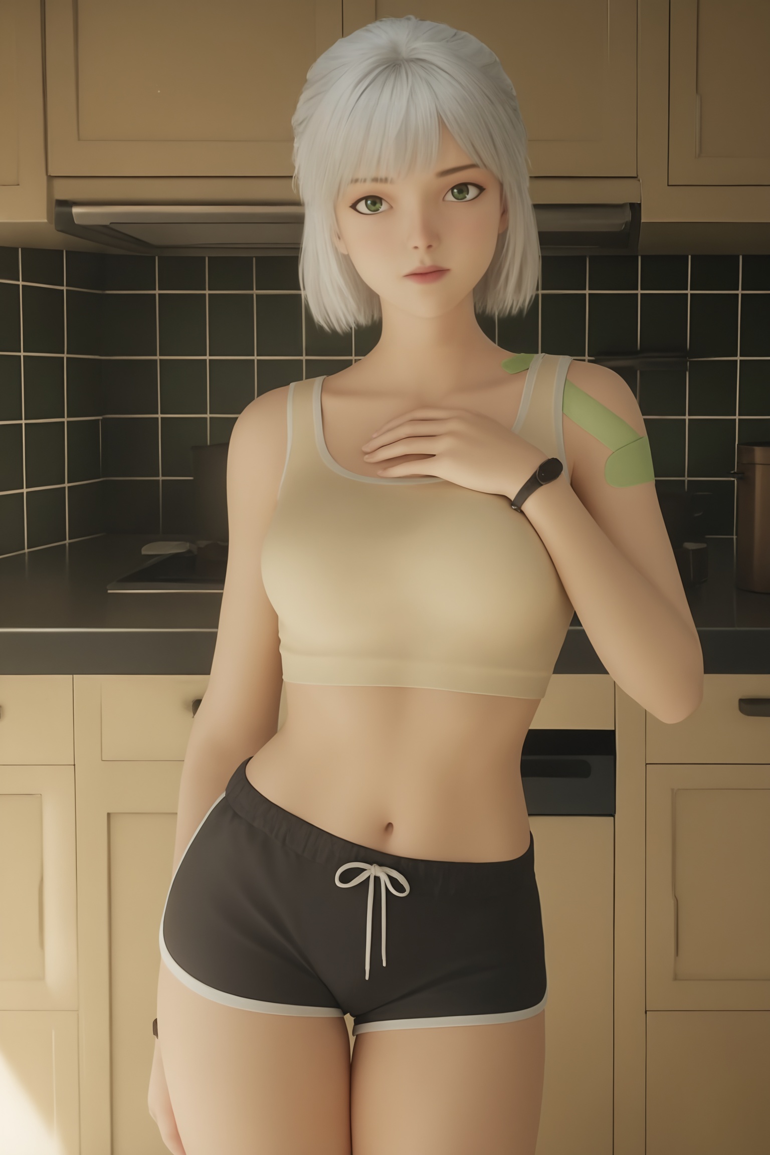 masterpiece,Expressiveh,hyper detail,1girl,perfect body,fit,sexy,light blue eyes,standing,scared look,worried,white **** top,shirt taught,exposed breasts,braless,mid drift,navel,pink panties,exposed *****,missionary,leg up,hand on chest,penetration,pov viewer,warm light,kitchen, <lora:灵笼-白月魁运动装IL:0.7>,1girl,short,white hair,bangs,beige crop top,black drawstring shorts,green bandage on her upper arm,