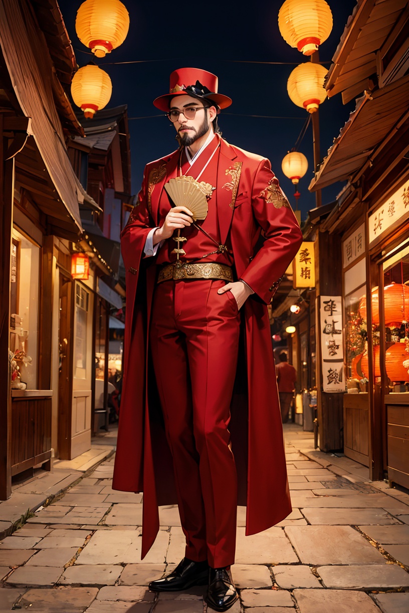 neo-chinese style,national tide,1Chinese boy,facial hair,Hanfu,solo,male focus,red background,beard,mustache,robe,chinese clothes,new year costume,new year,sunglasses,hat,standing,full body,red theme,(City street scene :1.2),(Lantern :1.2),(Lantern decoration :1.2),(Scene depth :1.3),(Blurred background:1.2),Big scene,30 degree view,New Year,New Year costume,hand fan,chair,holding,red shirt,Jacket,black shirt,round glasses,short hair,red background,crossed legs,simple background,hand fan,<lora:sdxl_National fashion:0.8>,masterpiece,best quality,