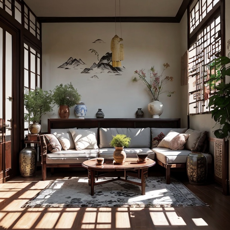 jianzhu, Chinese style, living room, wood, furniture, vase, painting, calligraphy, potted plant, sunlight, shadow, reflection, interior design, home decor, oriental, tranquility, simplicity, elegance, refinement, beauty, aesthetics, culture, tradition, history<lora:jianzhu-000009:0.8>
