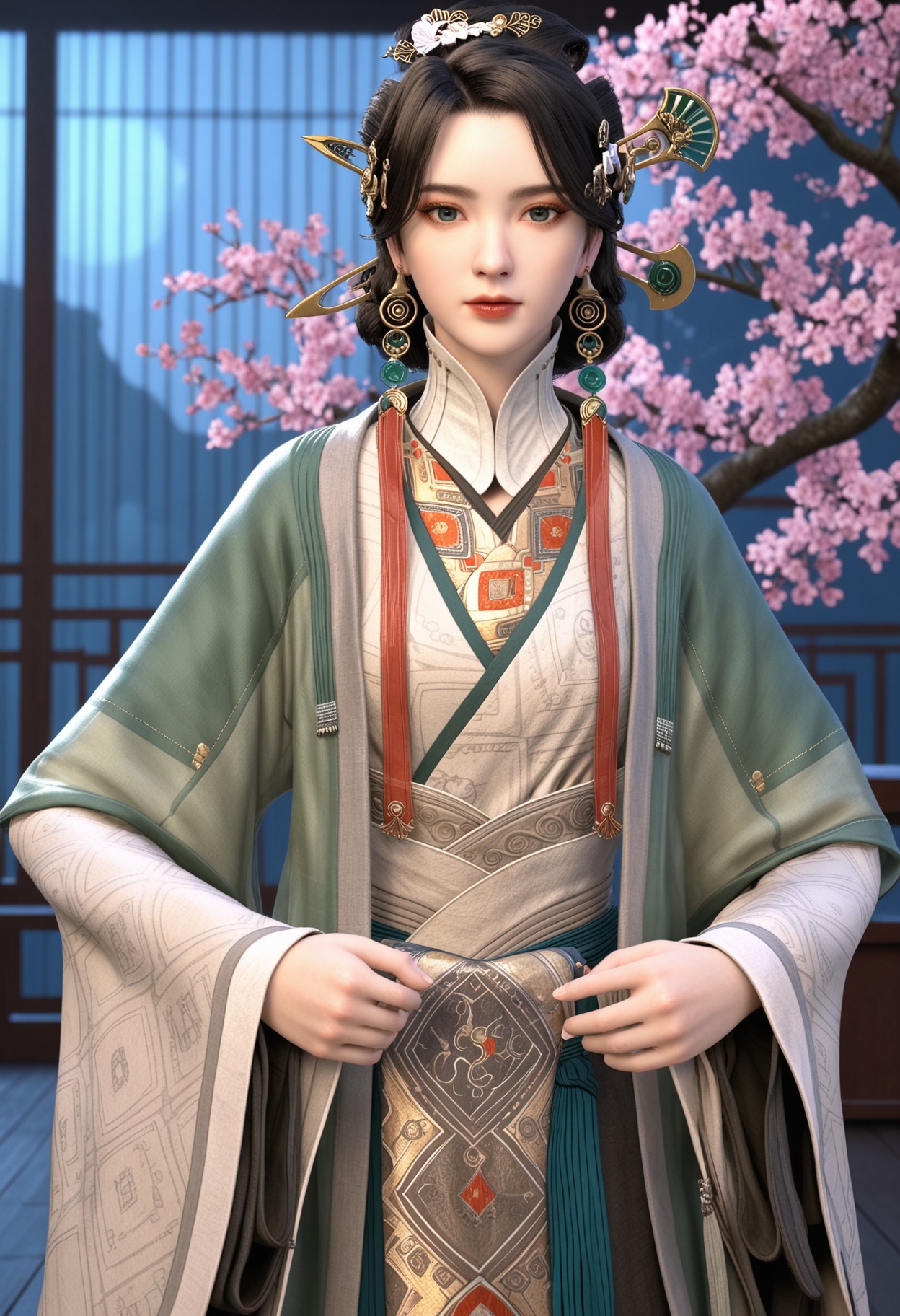 (cowboy shot:1.2),(looking at viewer:1.1),masterpiece,(best quality),smog,Dark room,dim lighting,peach blossom,falling petals,<lora:YQ_Illustrious光辉v5_须妍_V1:0.8>,q1528437228,1girl,solo,jewelry,hair ornament,earrings,chinese clothes,black hair,hanfu,brown hair,long sleeves,wide sleeves,hair stick,green eyes,updo,hair bun,tassel,blue eyes,black eyes,brown eyes,necklace,hair flower,