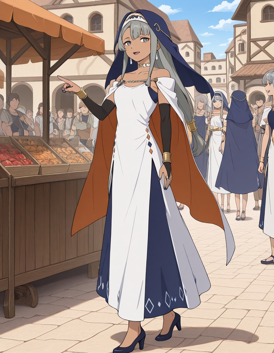 masterpiece, best quality, amazing quality,1girl, looking at viewer, solo focus, outdoors, village, blue sky, pointing away, walking, full body, smile, open mouth, from side, stall, market, crowd,frenci mastibolt (yuusha-kei ni shosu), low-tied long hair, asymmetrical bangs, grey hair, sidelocks, hair tubes, (blue eyes:0.7), grey eyes, red eyeliner, dark-skinned female, teardrop earrings, collarbone, blue nail polish,blue veil, white choker, red gem, two-sided cape, off-shoulder dress, white dress, bracelet, bridal gauntlets, layered dress, blue dress, high heels, <lora:frenci_mastibolt-yuusha_kei_ni_shosu_s1-v2-ixl-anime-soralz:1>, <lora:StS-Illustrious-Detail-Slider-v1.0:3>BREAKfaceless male, faceless female, <lora:StS-Illustrious-Detail-Slider-v1.0:3>