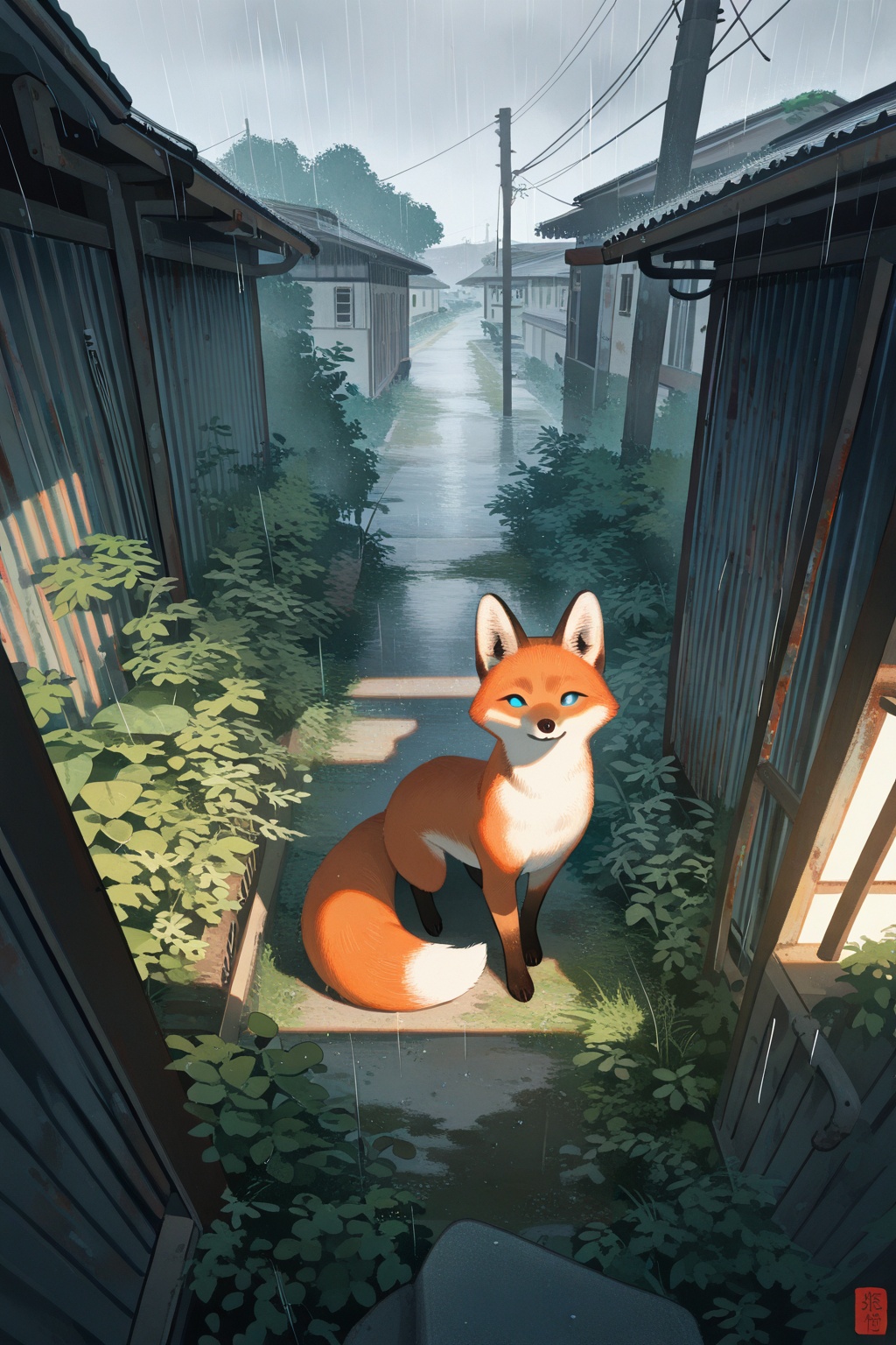 best quality,masterpiece,newest,absurd res,hi res,very awa,fox,honovy,studio ghibli,(juanmao1997:0.8),(tianliang duohe fangdongye:0.8),(akai sashimi:0.6),(mucknagabe:0.6),(reoen:0.4),realistic feral,slim,no sclera,solo,looking at viewer,curious,hiding in bushes,looking up at viewer,high-angle view,corrugated metal,rust,(alleyway, urban, village:1.1),cluttered,overgrown,vegetation,(rural:0.8),no humans,animal focus,japan,overcast,rain,mist,early morning,dim,ethereal,cinematic lighting,postcard,(lineart:0.6),watercolor,novel illustration,vintage,