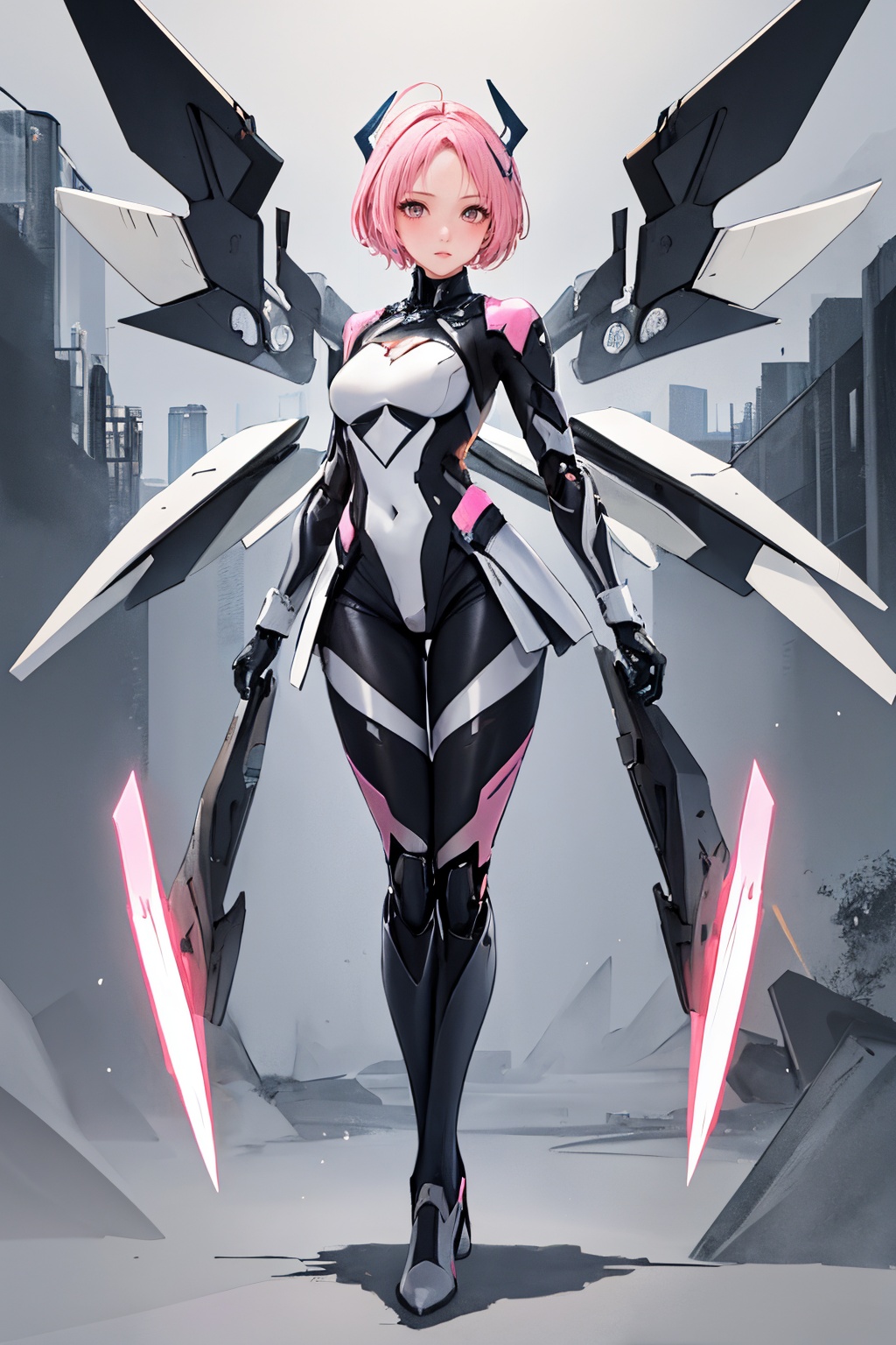 1girl,solo,Pink split short hair,full body,mechanical wings,standing,Combat posture,<lora:莉达VS天启姬-000018:0.6>,, masterpiece, best quality,