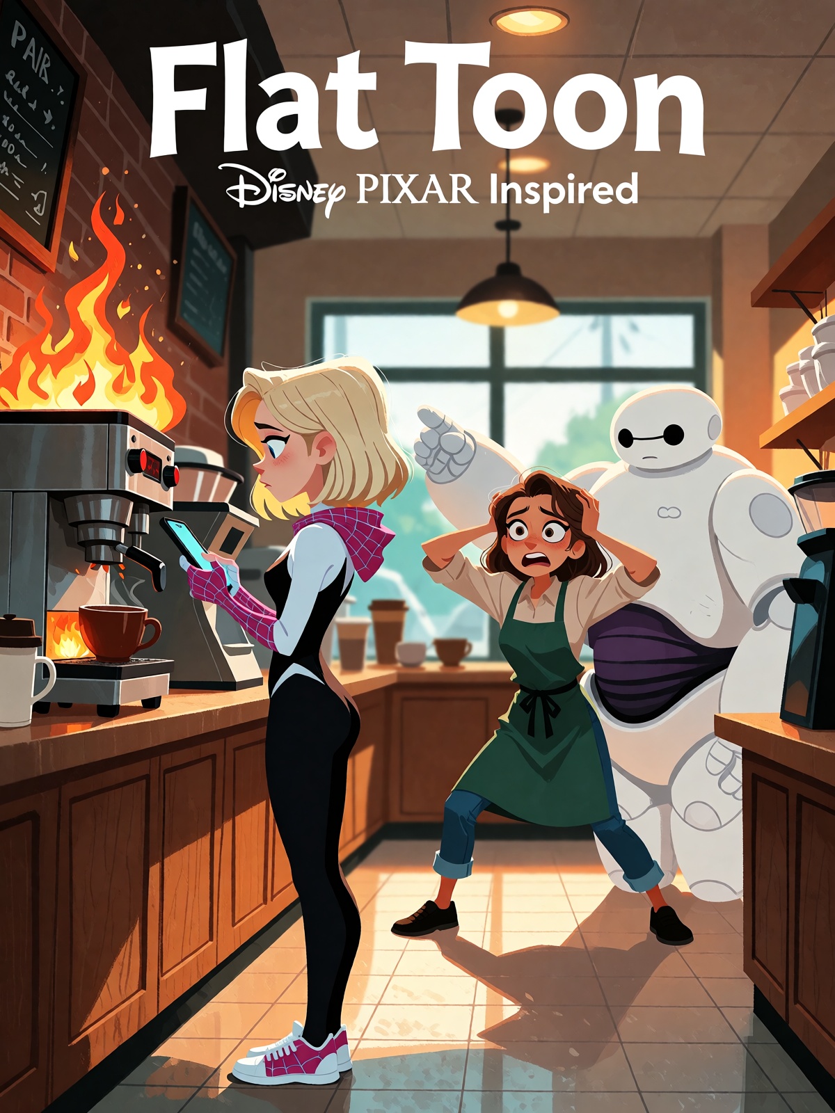 Gwen Stacy is standing in line for a coffee at a cafe,  in her full spider-gwen outfit,  hood down - she is looking at her...