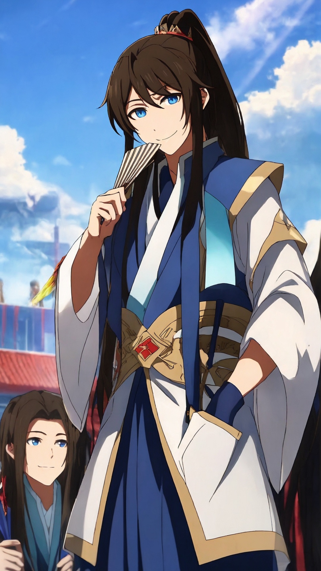 long hair, blue eyes, hand fan, black hair, folding fan, brown hair, ponytail, multiple boys, 1boy, sky, male focus, 2boys, folded fan, smile, wide sleeves,<lora:boy baixiaochun_20240911193625:0.7>,
