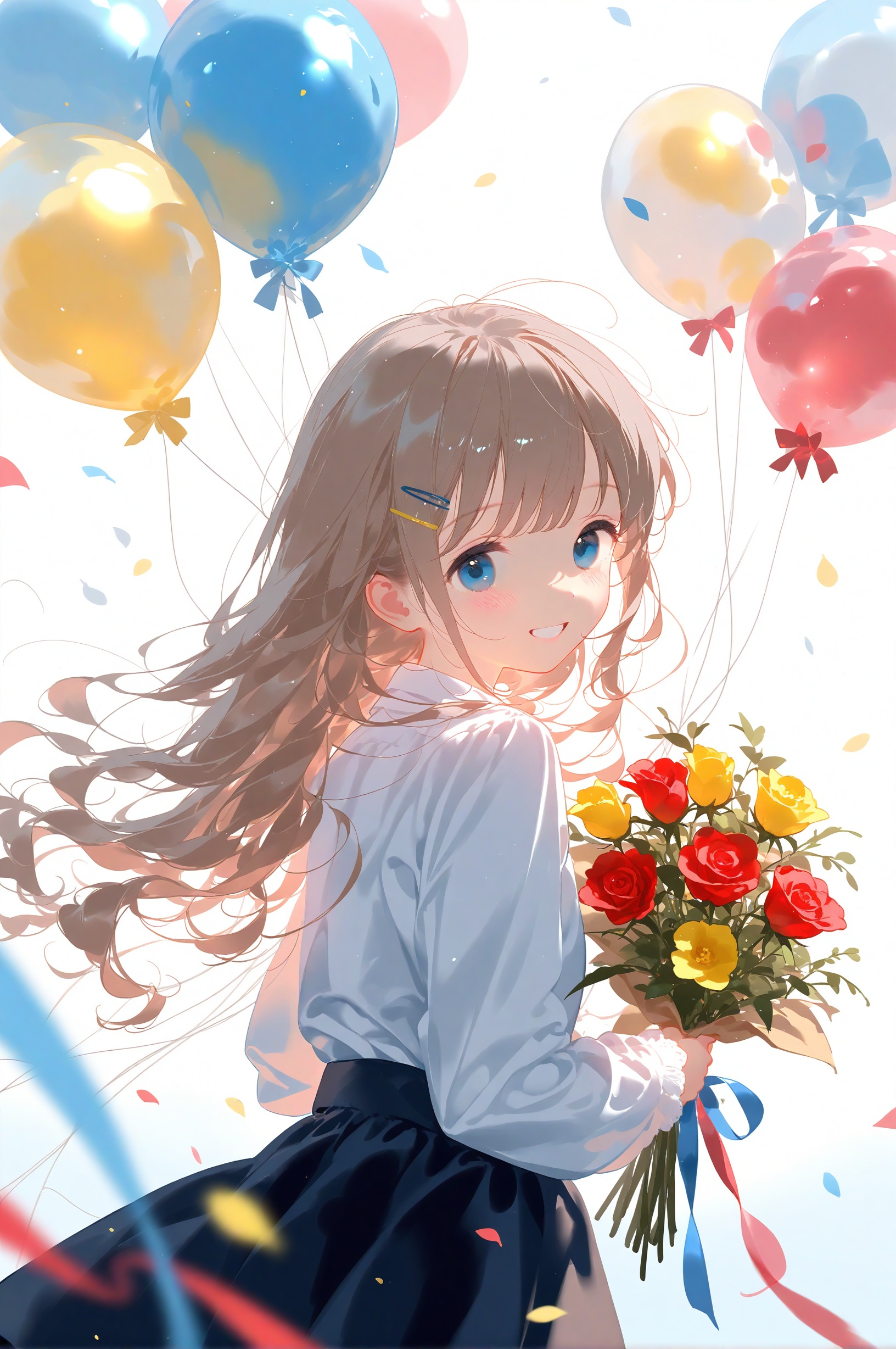 1girl, balloon, solo, bouquet, smile, looking at viewer, blue eyes, blush, long hair, holding bouquet, flower, holding, long sleeves, shirt, white shirt, looking back, upper body, hair ornament, grin, grey hair, red flower, confetti, yellow flower, ribbon, teeth, rose, blue ribbon, petals, floating hair, red rose, holding balloon, ahoge, white background, blue flower, looking to the side, red ribbon, from side, gradient background, from behind, light brown hair, backlighting, heart balloon, holding flower, simple background, hairclip, blurry, open mouth, sidelocks, brown hair, :d, streamers, bow, wind, blurry foreground, skirt, parted lips, wavy hair<lora:lp24-000053:0.8>,