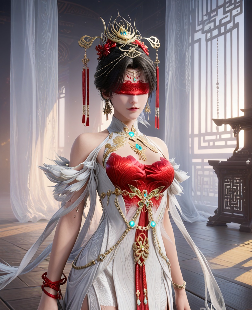 (oriental architecture, elegant decor, sophisticated style:1.1),(knees to chest:1.1),:q,(breasts:1.2),<lora:XL16永劫无间宁红叶赤皓新囍白:0.95>,miss ninghongye,white dress with red corset,blindfold,black hair,traditional chinese updo,hair ornament,earrings,jewelry,bare shoulders,, score_9,score_8_up,score_7_up,score_6_up,score_5_up,score_4_up,3d rendering,tag1,tag2, Cinematic Lighting,backlighting,