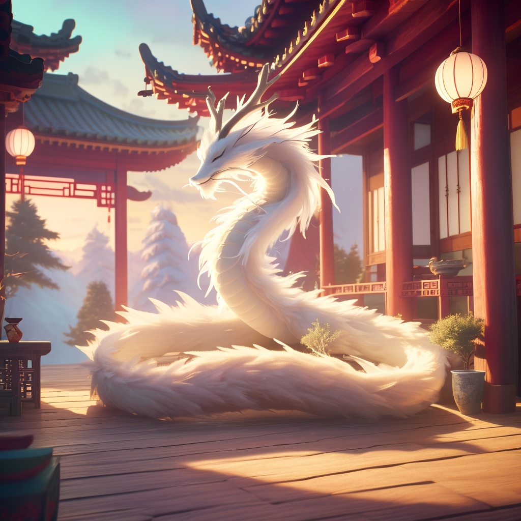 eastern dragon,soft lighting,white fur,antlers,whimsy and dramatic lighting,warm colors,mf-movie-filter,cc-color-correction,cute,whiskers,sunset,eastern dragon focus,claws,chinese zodiac,east asian architecture,no humans,dragon,indoors,lantern,scenery,sitting,solo,horns,blurry,closed eyes,wooden floor,tree,sky,day,from side,architecture,<lora:chenglong_v1:0.8>,