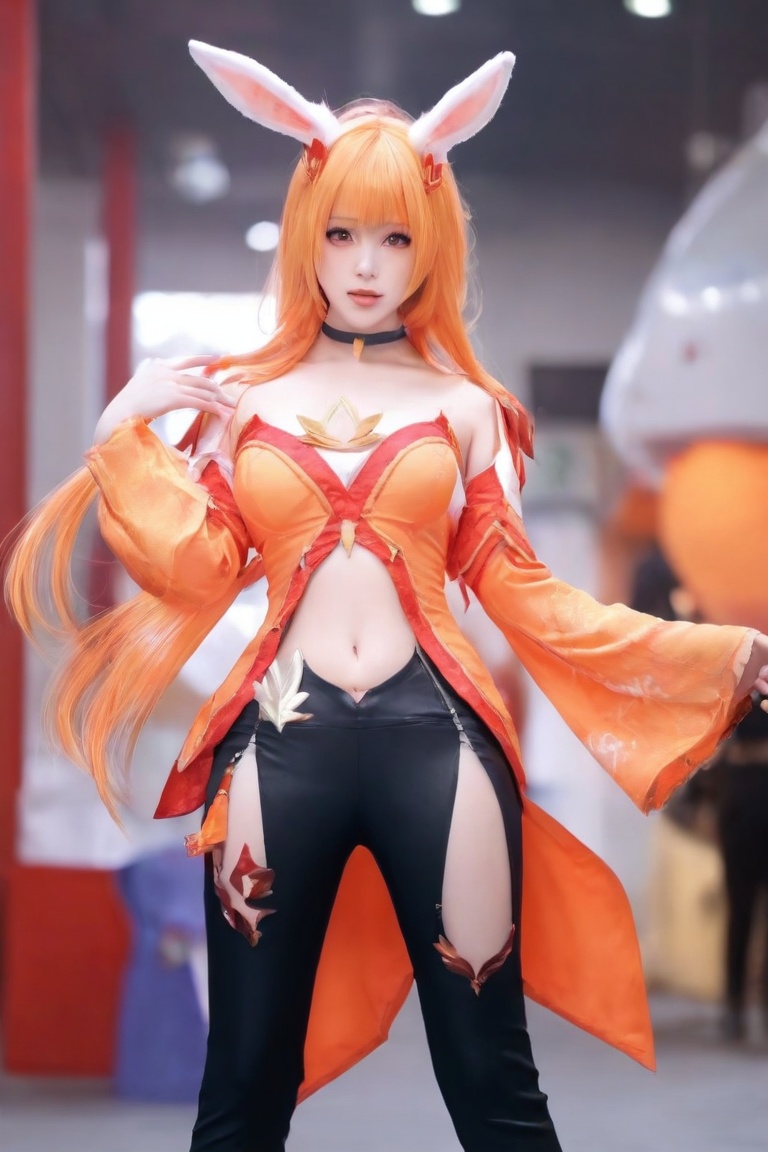 <lora:ALI公孙离-000006:0.7>,ALi,1girl,animal ears,long hair,rabbit ears,solo,navel,clothing cutout,breasts,choker,looking at viewer,black pants,orange hair,navel cutout,blurry background,pants,bangs,masterpiece,best quality,