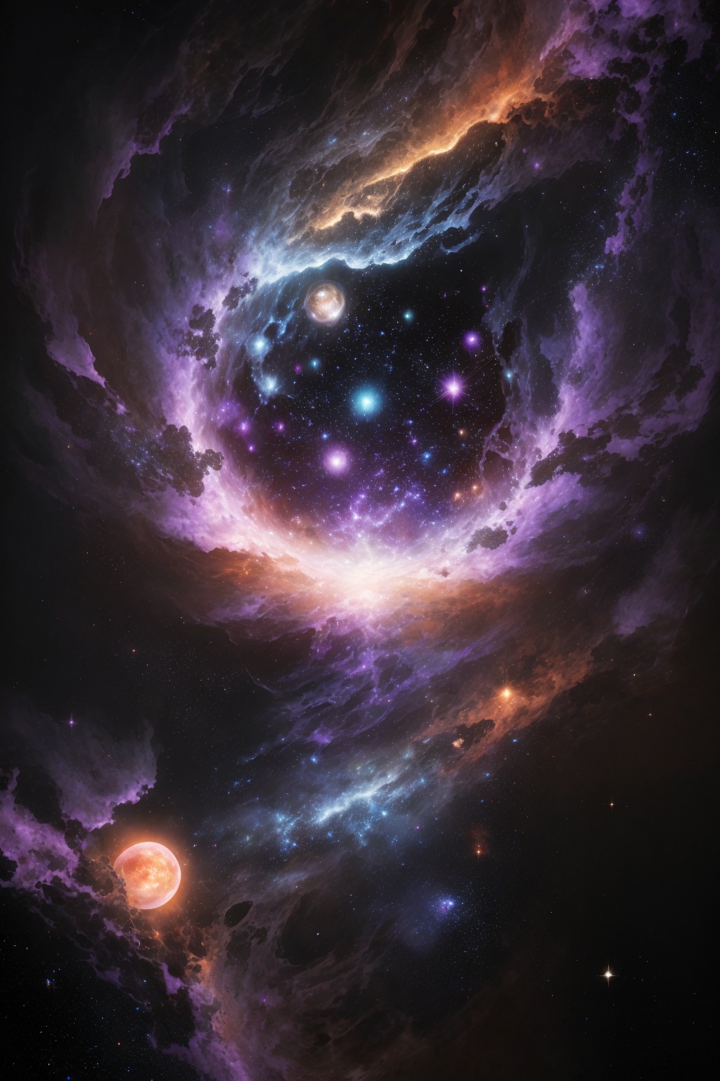 (Best quality, ultra-high resolution, high detail:1.2),A planet-**** object floating in an abstract nebula,galaxy and stars. The planet is surrounded by swirling purple,blue and white fluid art,creating a spherical hallucination effect. The background is the dark universe,forming a high contrast with the bright colors. The surface of the planet is smooth,with a glossy sheen,delicate textures,edge lighting highlights its dynamic characteristics. The whole picture is filled with thoughts and imaginations about the universe and life. High-definition,high-quality image,intricate,sharp focus,photorealistic painting art by midjourney., <lora:20240522-1716361934931:0.6>