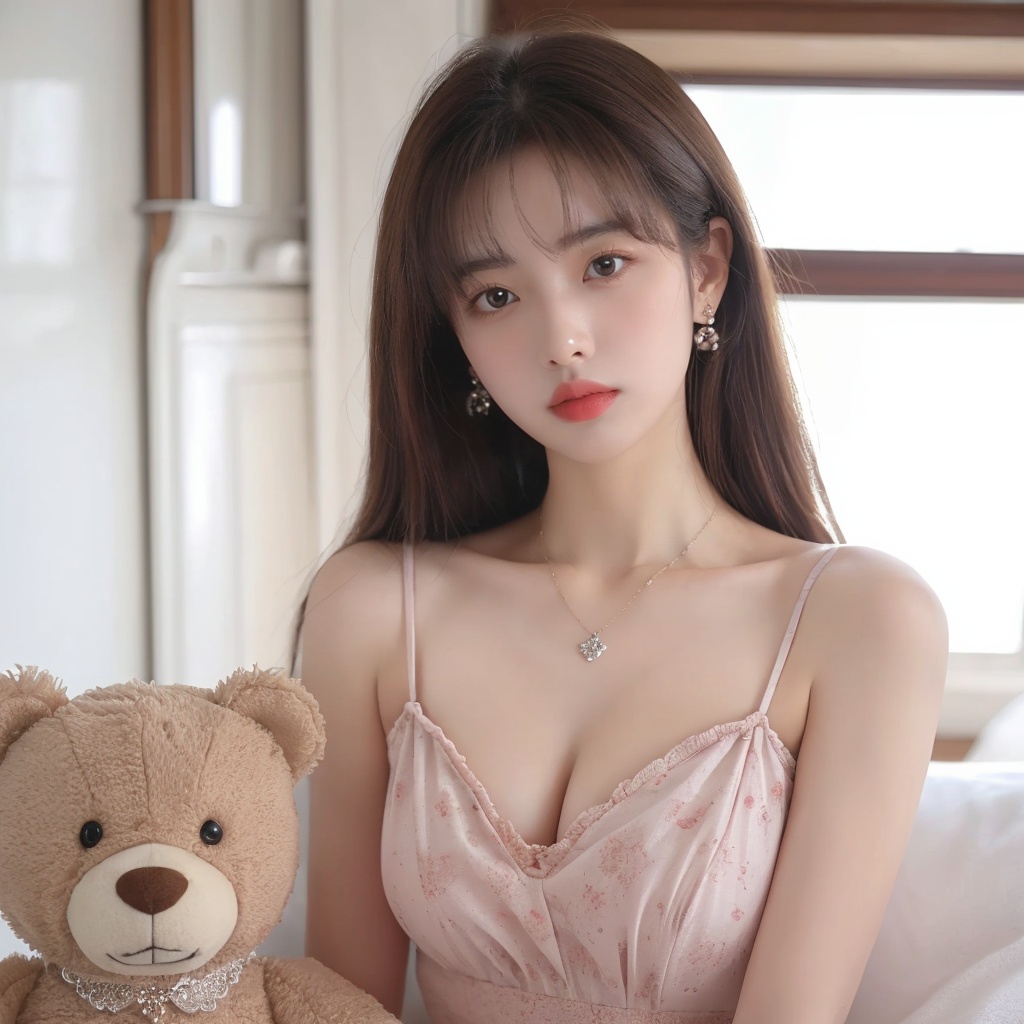 1girl,blurry,breasts,brown_eyes,brown_hair,cleavage,collarbone,dress,jewelry,lips,long_hair,looking_at_viewer,medium_breasts,necklace,realistic,solo,stuffed_animal,stuffed_toy,teddy_bear,upper_body, <lora:meinv76:0.6>