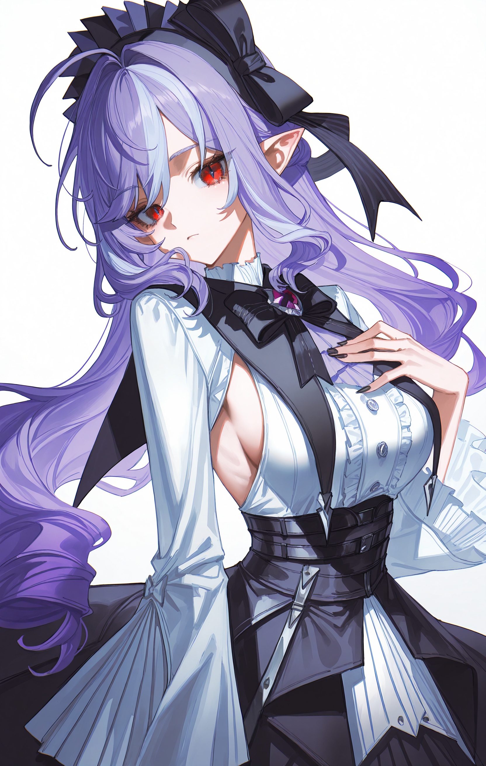 vivian \(zenless zone zero\),1girl,black bow,black skirt,bow,gothic lolita,hand on own chest,lolita fashion,long hair,looking at viewer,pointy ears,purple hair,red eyes,shirt,skirt,solo,vampire,white background,white shirt,(artist:quasarcake:0.8),extreme aesthetic,(wlop:0.6),(honjou raita,lack,rella,wanke:0.5),masterpiece,best quality,good quality,newest,year 2024,year 2023,very aesthetic,absurdres,Visual impact,A shot with tension,ultra-high resolution,32K UHD,sharp focus,best-quality,masterpiece,<lora:vivian_v0.1_Illustrious-000049>,