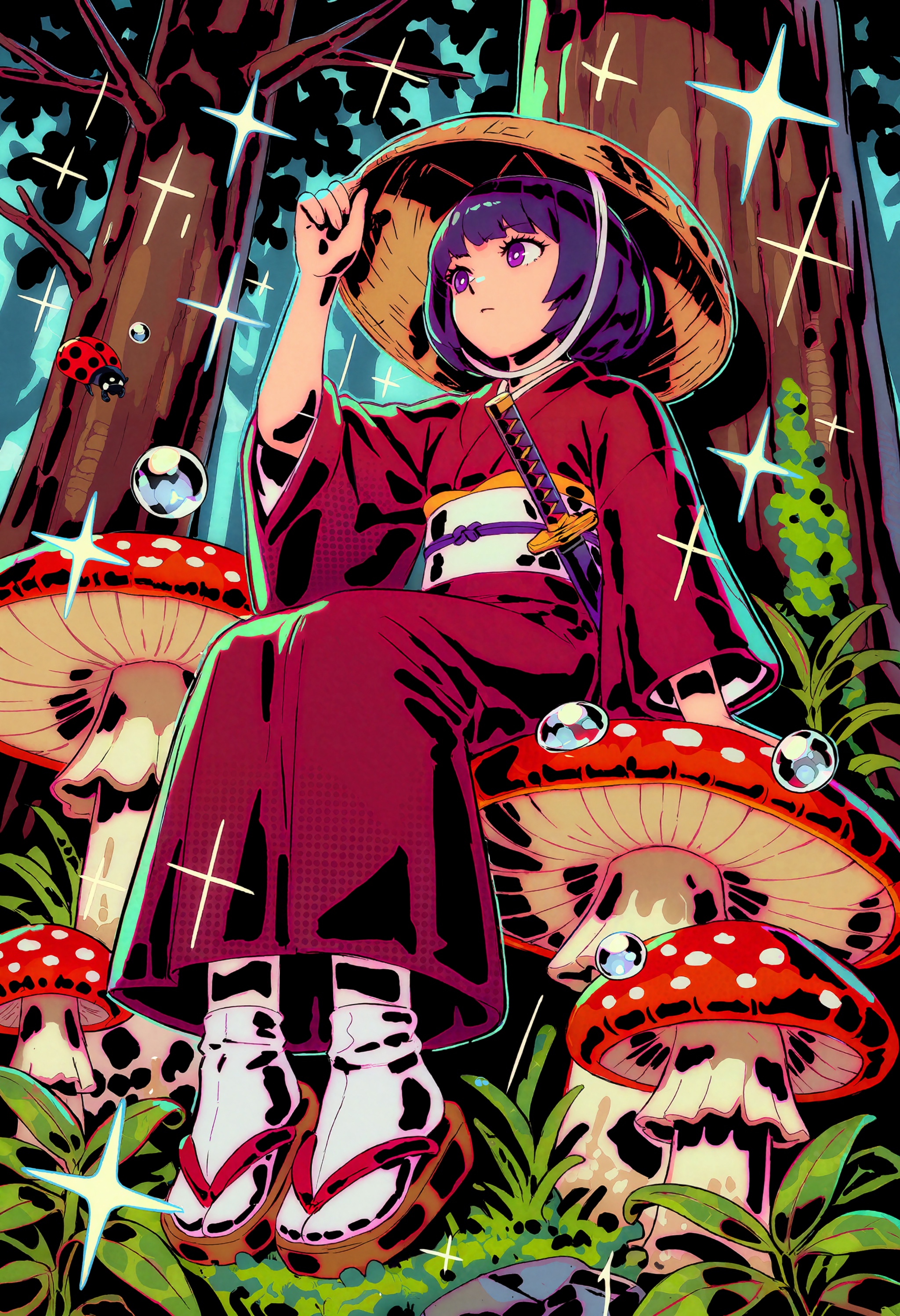 in the style of datcravat,  a vibrant graphic pop illustration of a young girl with short purple hair sitting calmly among...