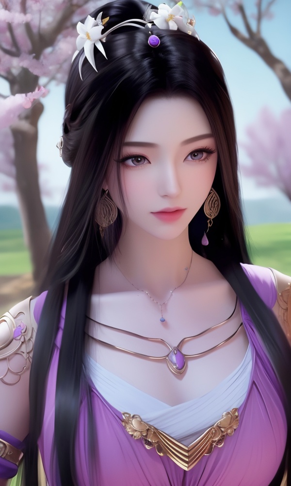 (,1girl, ,best quality, ),looking at viewer, <lora:395-DA-凡人修仙传-紫灵:0.8> ultra detailed background,ultra realistic 8k cg,ultra detailed 8k cg,masterpiece,upper body,  (( , )),, ,science fiction,mole, ultra realistic 8k cg, ,tamari \(flawless\),   ,outdoors, sun,sunlight, cherry blossoms,      (()), (), , jewelry, necklace, solo, , , , hair_ornament, , earrings,large breasts,,  , ,