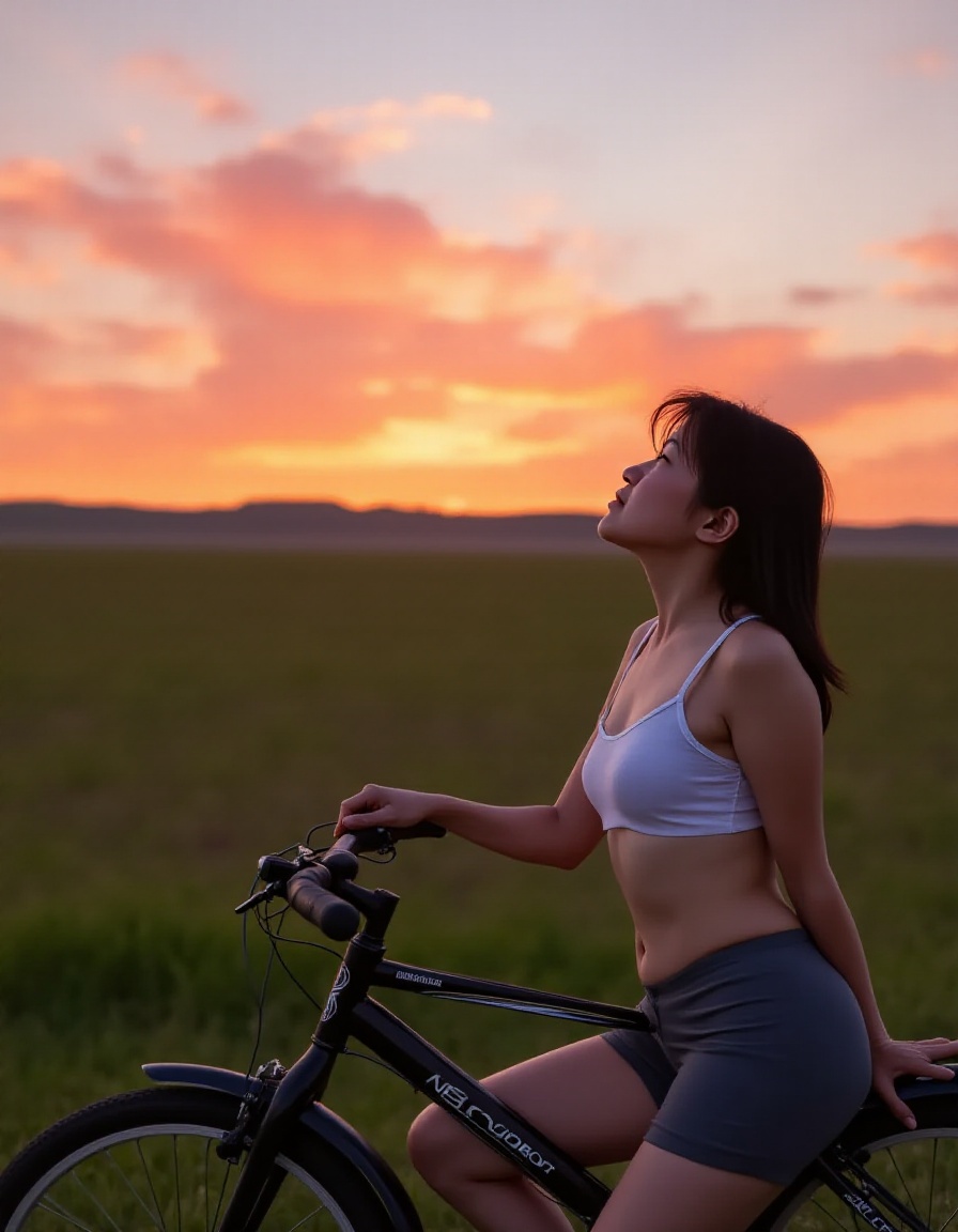 Photorealistic image of a woman,  "Depict a woman sitting on her bicycle,  watching the sun set over the horizon and refle...