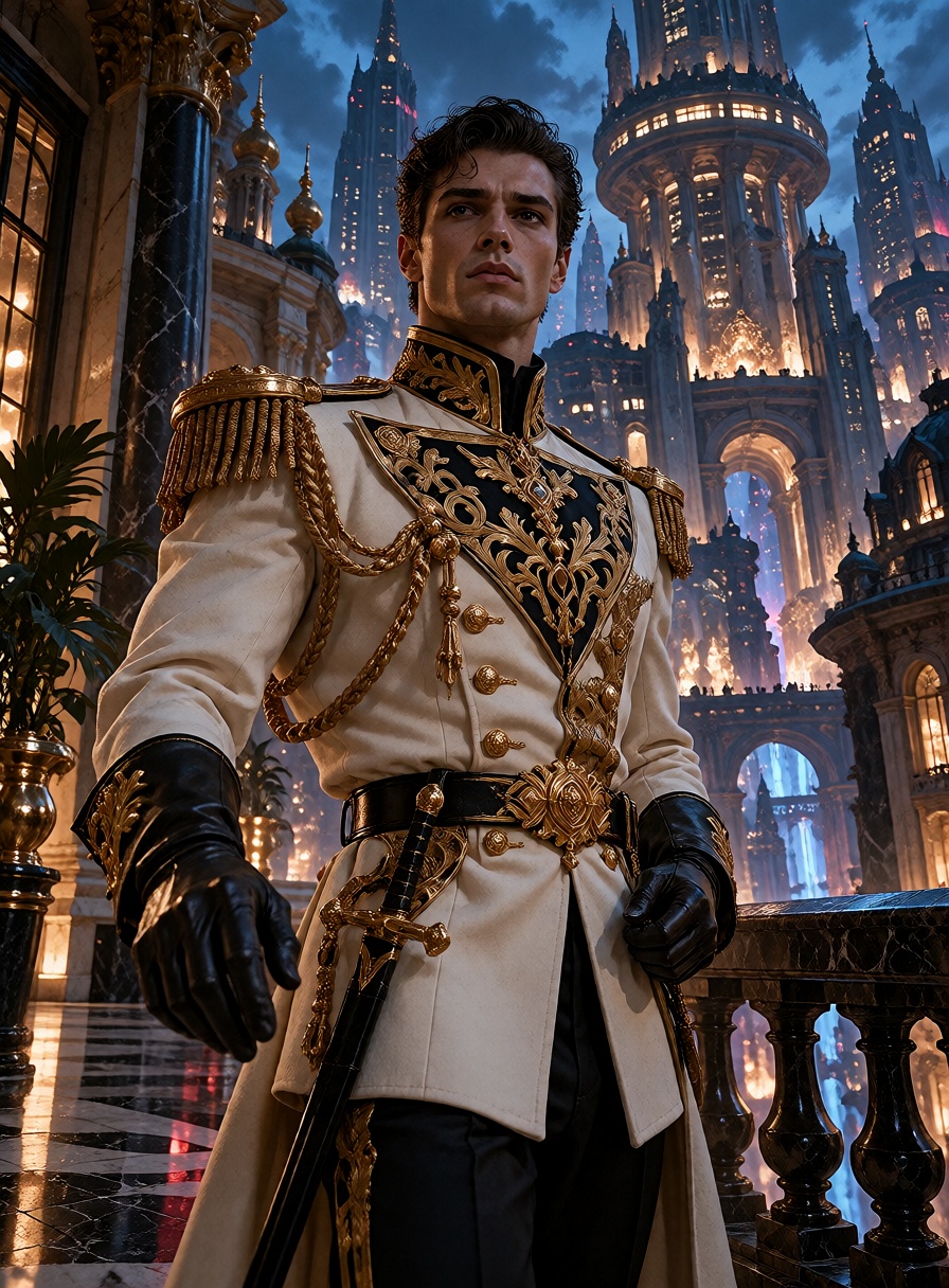 A handsome young aristocrat with slicked-back dark hair stands on a private balcony overlooking an immense illuminated cit...