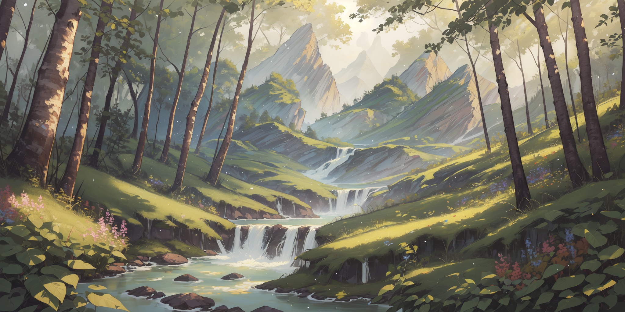 scenery,outdoors,light particles,beautiful detailed sky,beautiful detailed glow,best shadow,panorama,(Rainforest, Trees, Foliage, Undergrowth, Waterfall, Humidity, Wildlife, Canopy:1.3),(Mountain river, Morning mist, Trees, Serenity, Misty atmosphere:1.2),(Desert wildflowers, Arid landscape, Desert bloom, Colorful desert, Springtime explosion, Desert oasis:1.1),(masterpiece, best quality, beautiful and aesthetic:1.3),extremely detailed CG,ultra-detailed,beautiful concept illustration,illustration,extremely fine and beautiful,perfect details,<lora:YOUHUA-000018:1>,oil painting \(medium\),