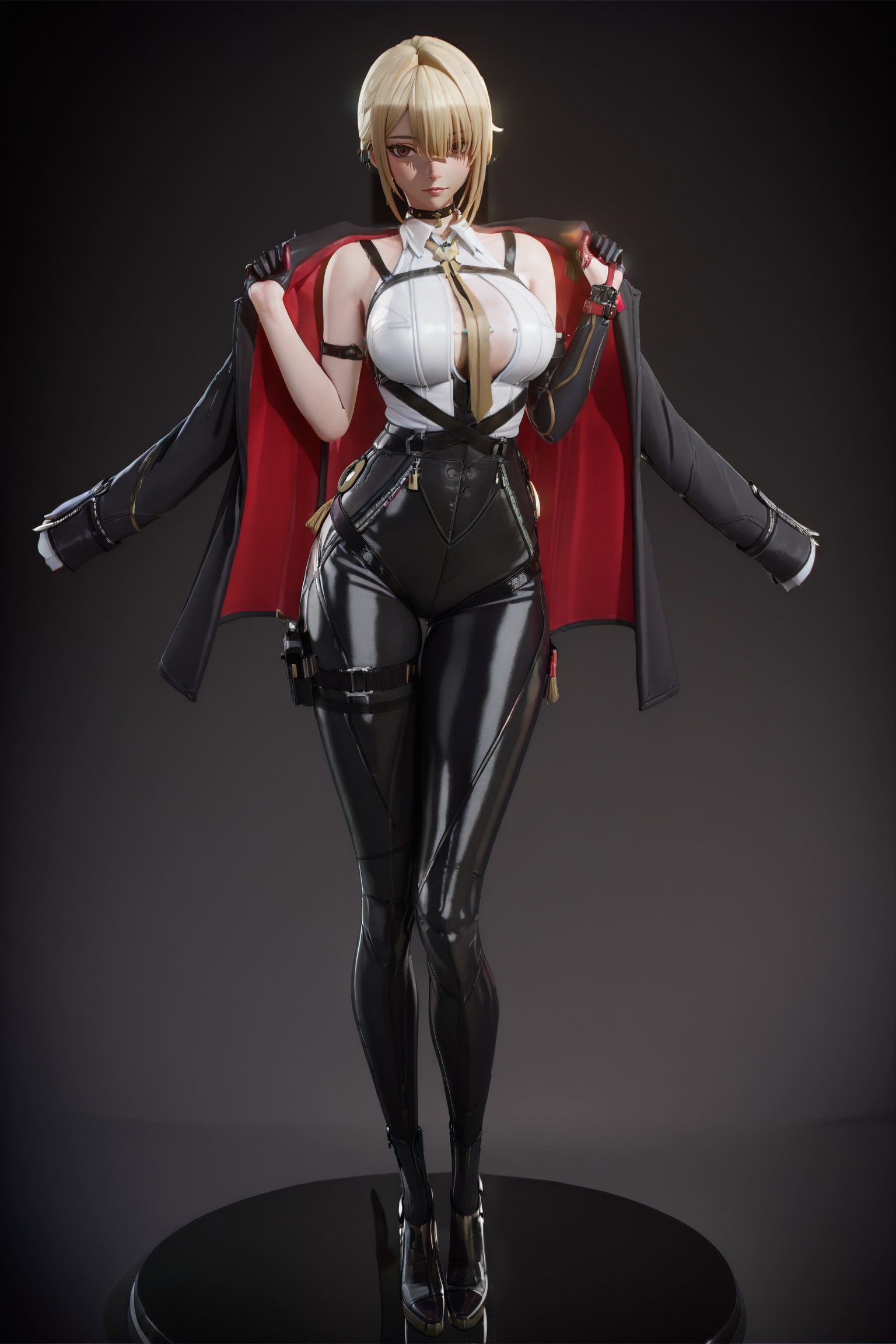 masterpiece,best quality,good quality,<lora:jijia-gnoobv-Tanger-000010:0.8>,jijia,3d,CG,1girl,solo,looking at viewer,cosplay,adjusting clothes,<lora:Evelyn-ill-Tanger-000014:0.8>,Evelyn \(zenless zone zero\),clothes: def Evelyn clothes,Evelyn jacket,1girl,gloves,blonde hair,necktie,short hair,black pants,black footwear,