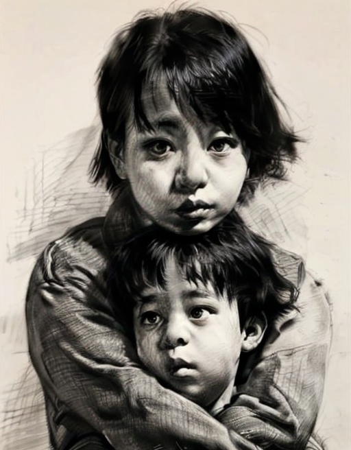 sketch,black and white,<lora:sketch_sumiao:1>,the boy and the girl hugged,
