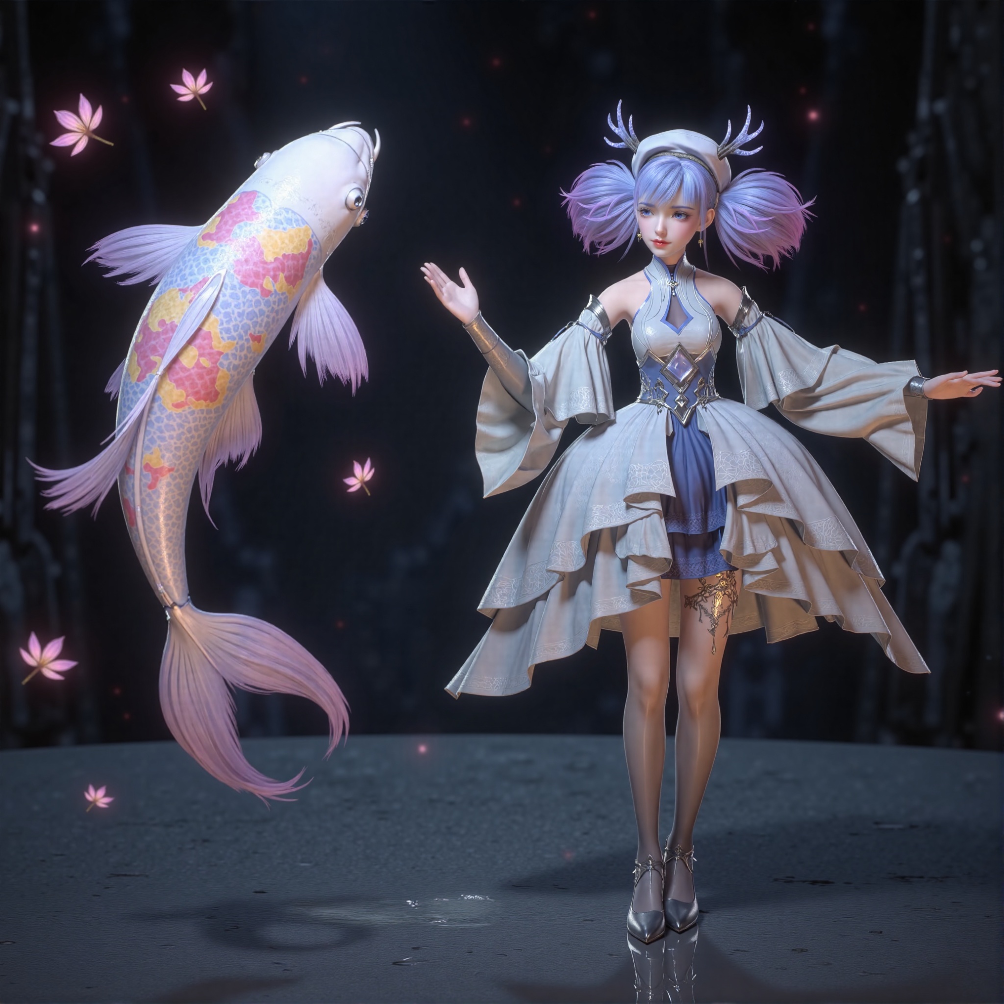 Tutu Aurora 8D Pantyhose (the name is a trigger word), generate an image in Chinese black and white ink painting style with splashed ink techniques. The scene is filled with fluid brushstrokes, soft muted tones, and a dreamlike atmosphere. In the foreground stands Xiaolu - a young East Asian-inspired female character with long purple hair styled in twin tails or pigtails. Some strands feature lavender hues with purple tips, blue or pink highlights. She wears a white and silver futuristic fantasy outfit: a high-collar dress with off-shoulder sleeves, a frilly skirt, and thigh-high stockings. Her accessories include an ornate headpiece, a feather-adorned hat, a silver choker, large earrings, and intricate jewelry with detailed patterns. She stands on a reflective surface, gazing at a large, colorful koi fish emerging from the water. The koi is adorned with swirling patterns of pink, yellow, and blue, its tail blending pastel hues. Delicate pink cherry blossoms float around it, adding a touch of nature and serenity. The background is a deep, starry black, creating vivid contrast that enhances the vibrancy of the colors. Her body posture is still yet graceful, her expression is one of wonder and tranquility, capturing a magical moment of peaceful interaction between her and the mystical koi. The overall image blends whimsy and elegance, harmoniously fusing natural beauty with fantastical elements. Tutu Aurora 8D Pantyhose, Pantyhose