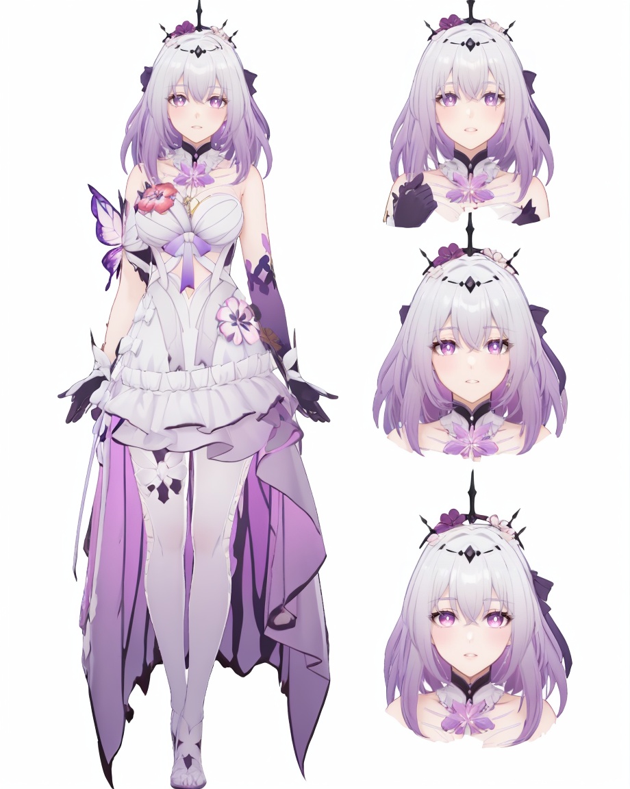 8k,best quality,masterpiece,(ultra-detailed),(high detailed skin),(by nanoless, by misumi \(macaroni\),:0.5),A full-body portrait of a young girl,standing gracefully,pastel art style,high-key lighting,shoujo manga influence,hd quality,delicate details,full body,full shot,standing,looking at viewer,(solo:1.2),simple background,white background,<lora:Castorice-sd-Tanger:0.8>,Castorice \(honkai: star rail\),clothes: Castorice  def  white dress,black tiara,1girl,purple eyes,purple hair,bangs,black gloves,white pantyhose,